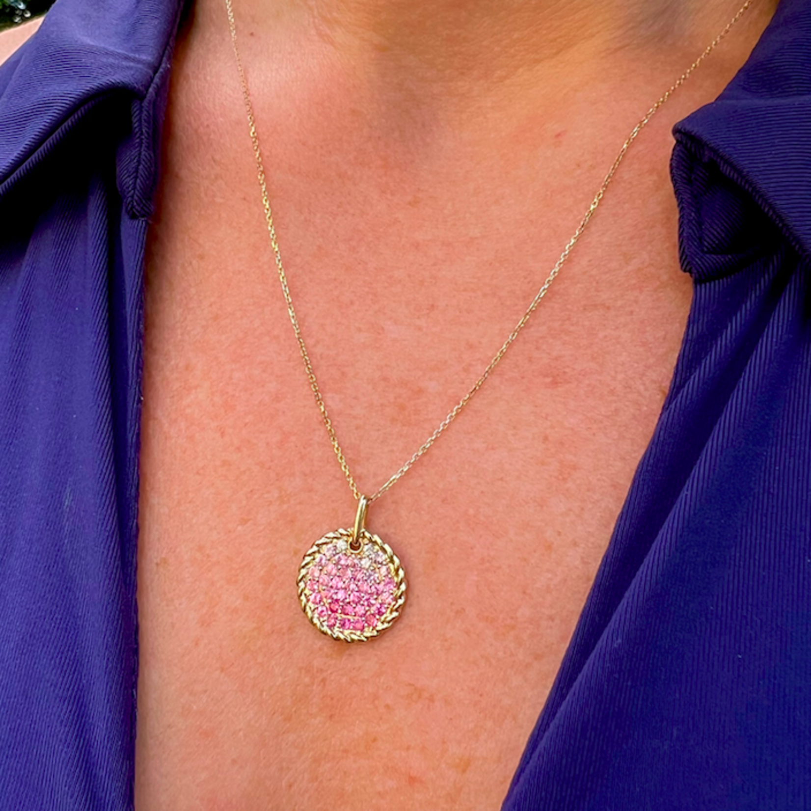 14K Yellow Gold Ombre Pink Sapphire Disc Pendant
