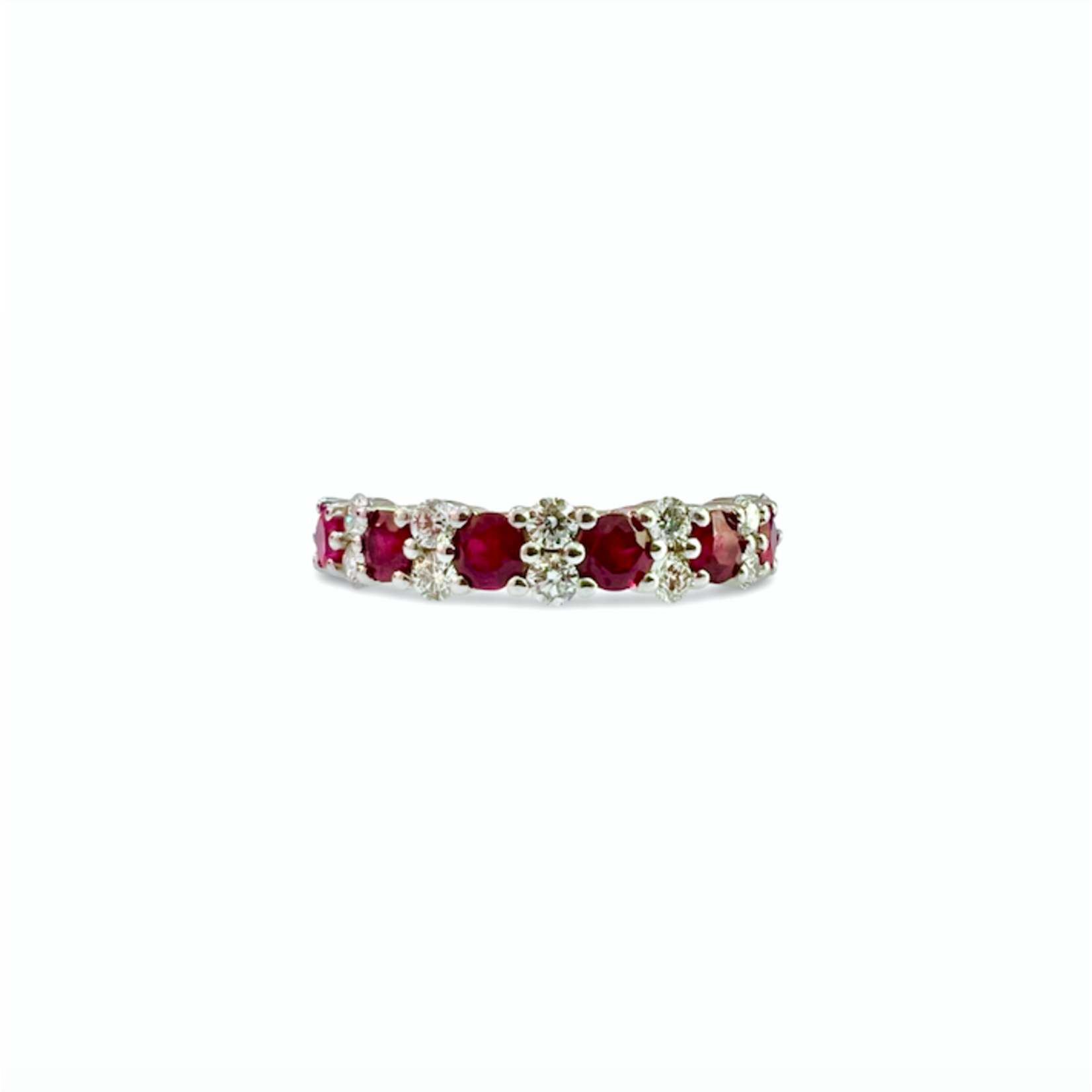14K White Gold Ruby & Diamond Cluster Band