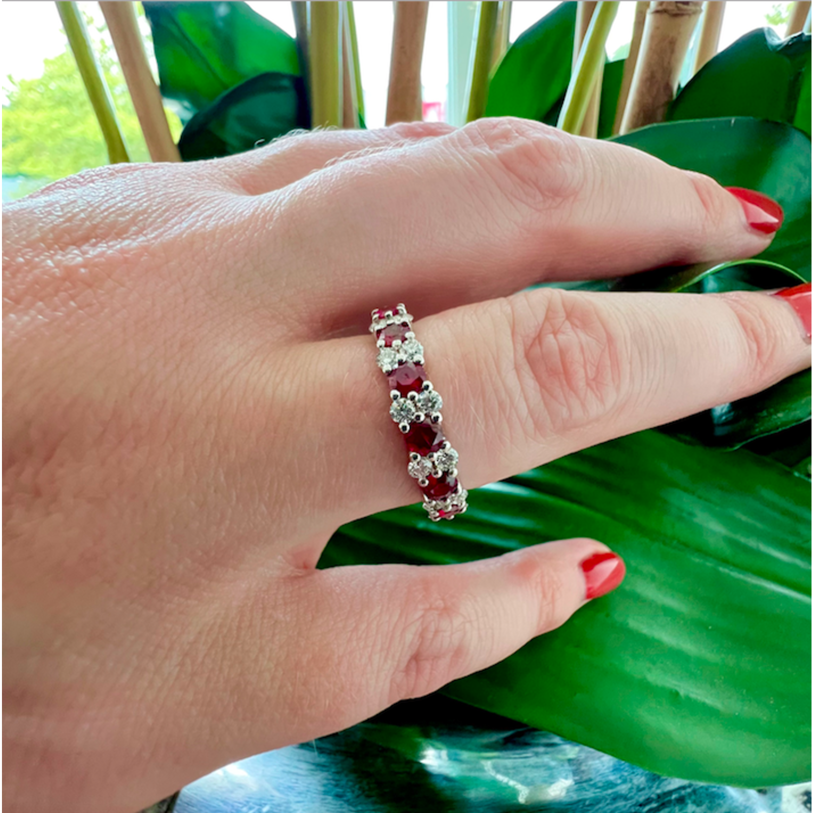 14K White Gold Ruby & Diamond Cluster Band