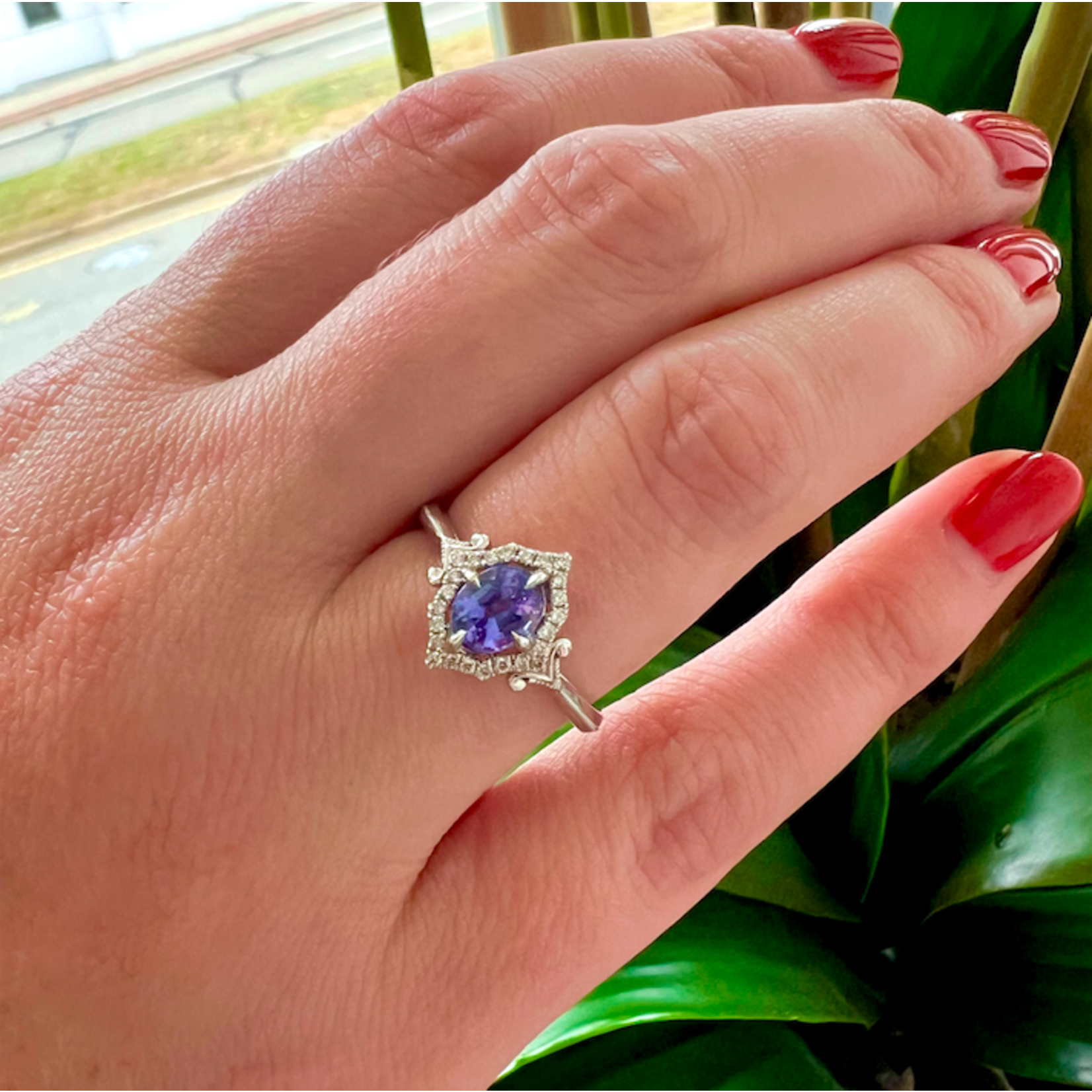 14K White Gold Petite Oval Tanzanite & Diamond Ring
