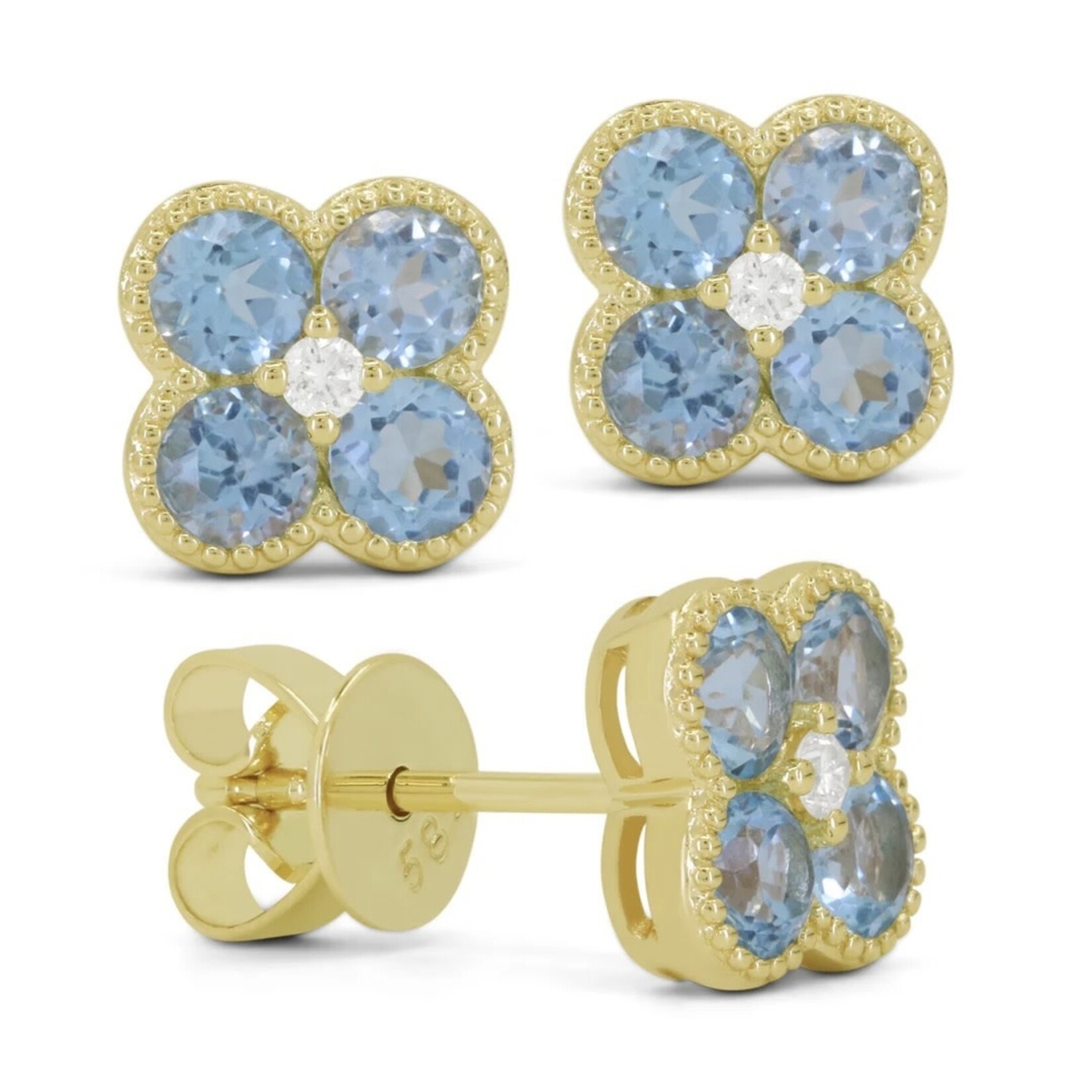 14K Yellow Gold Blue Topaz & Diamond Cluster Stud Earrings