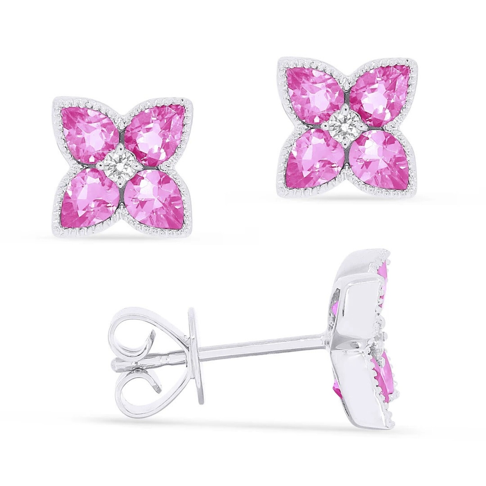 14K White Gold  Pink Sapphire Corundum and Diamond Stud Earrings