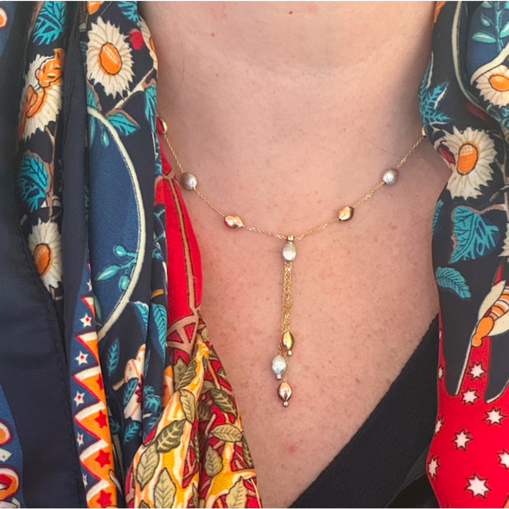 Tri Colored 14K Gold Pebble Lariat Necklace