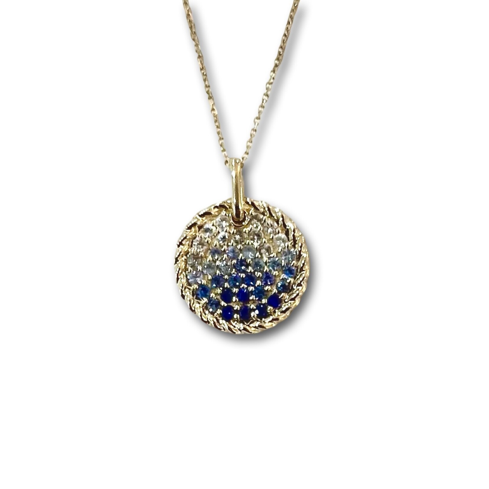 14K Yellow Gold Ombre Blue & White Sapphire Disc Pendant