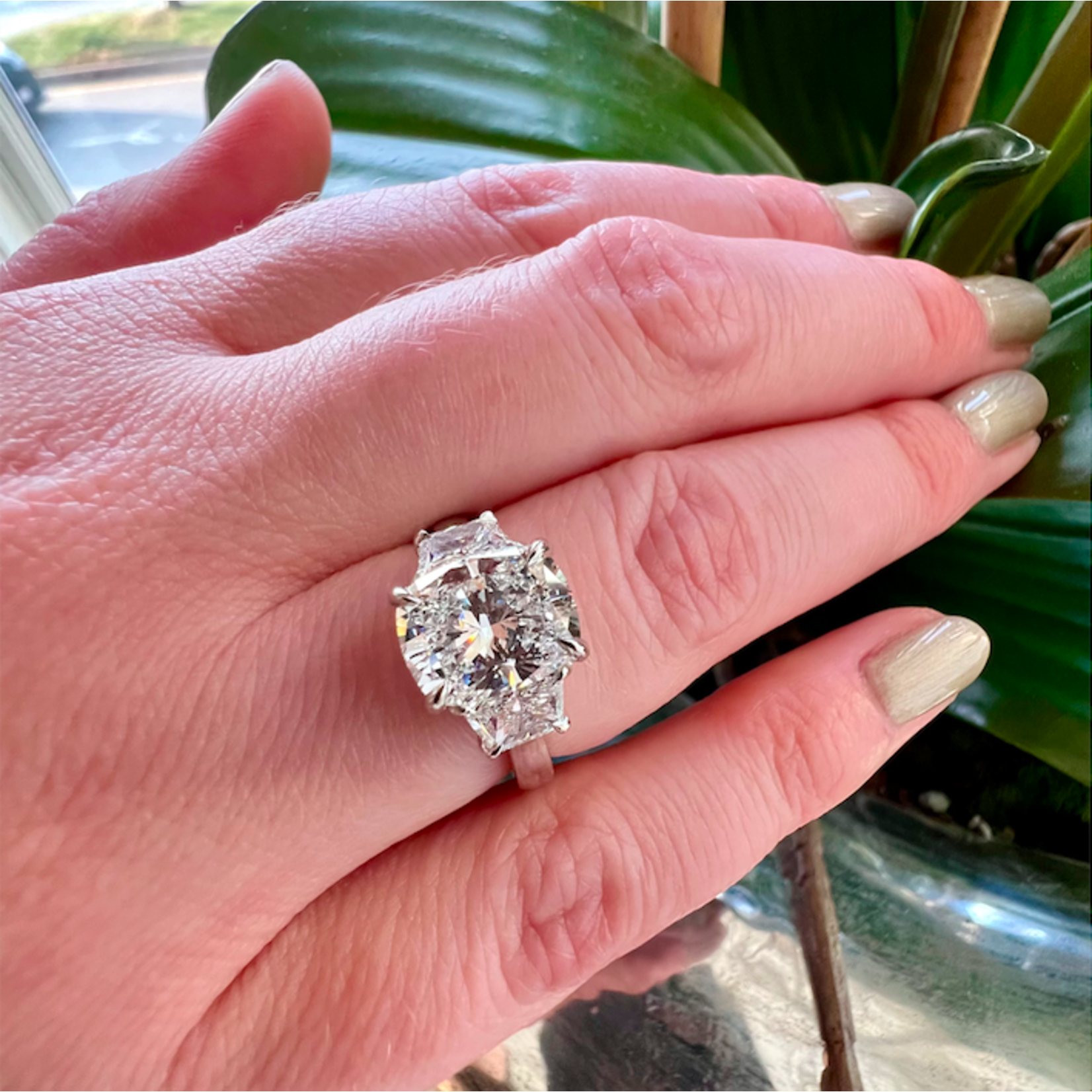 Platinum Three Stone Cushion & Trapezoid Laboratory Grown Diamond Ring