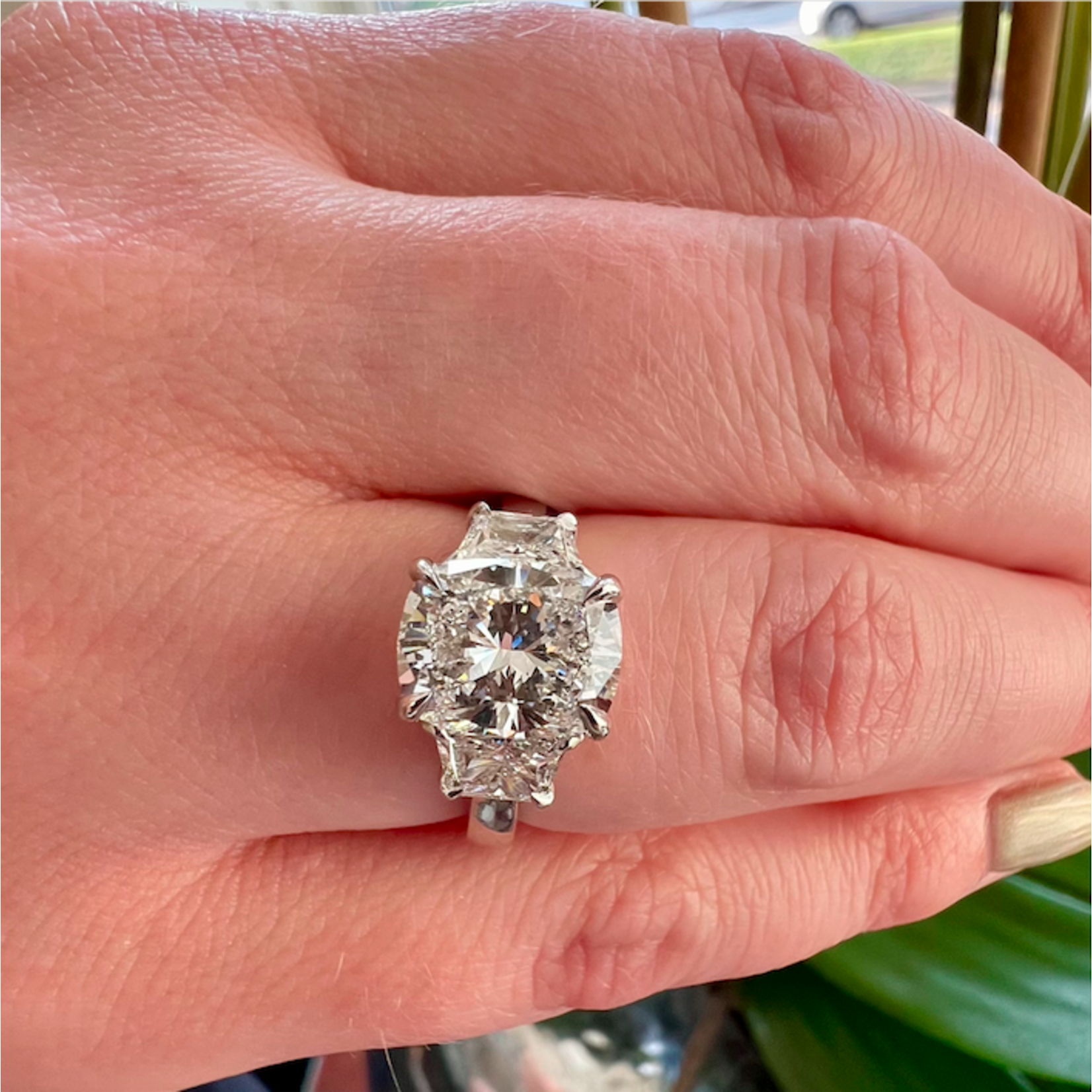 Platinum Three Stone Cushion & Trapezoid Laboratory Grown Diamond Ring