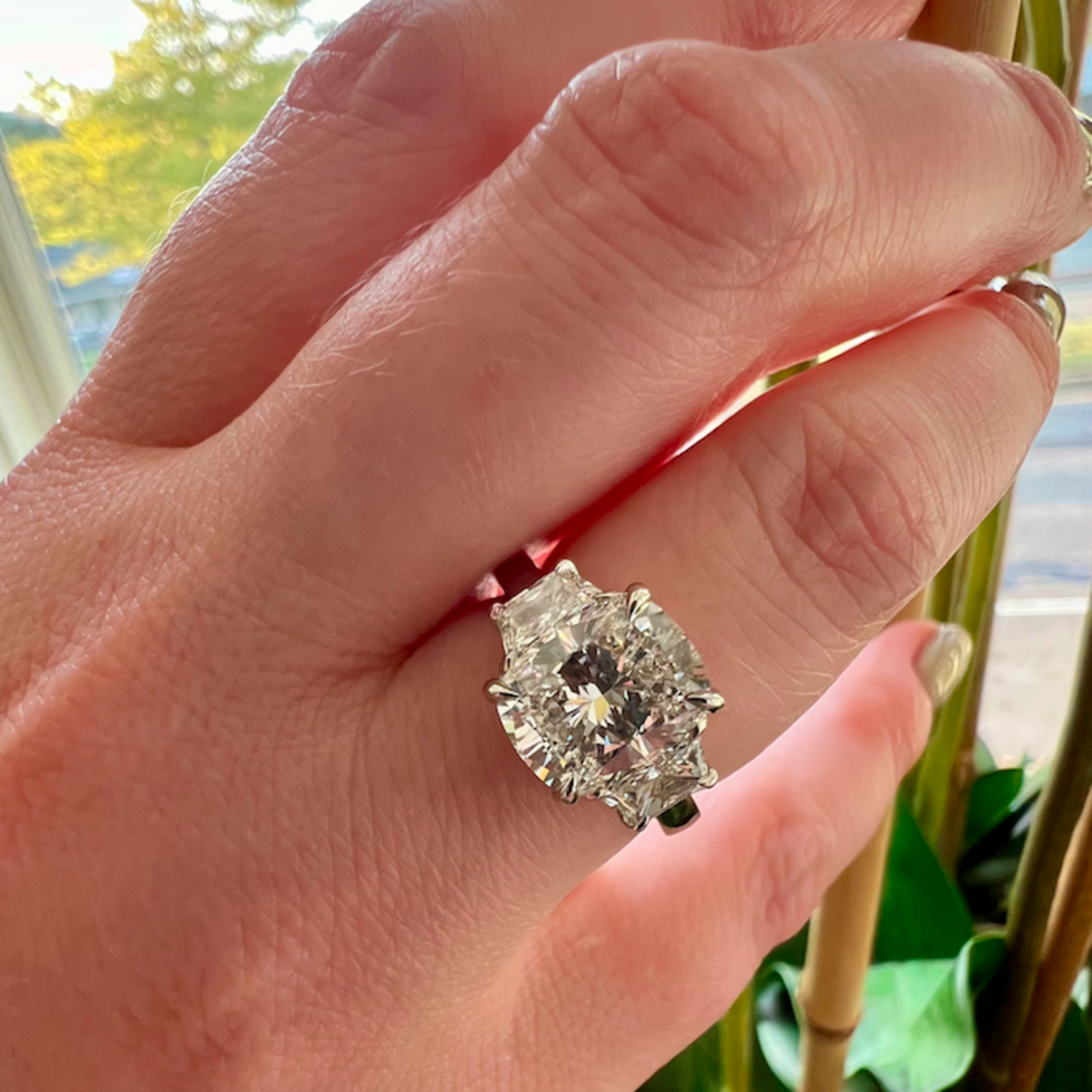 Platinum Three Stone Cushion & Trapezoid Laboratory Grown Diamond Ring