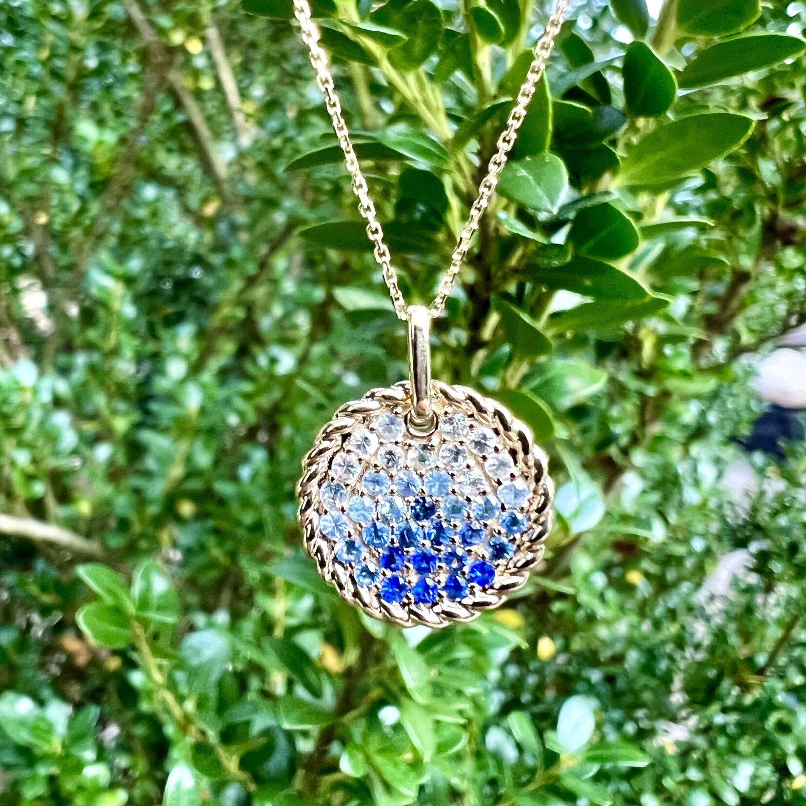 14K Yellow Gold Ombre Blue & White Sapphire Disc Pendant