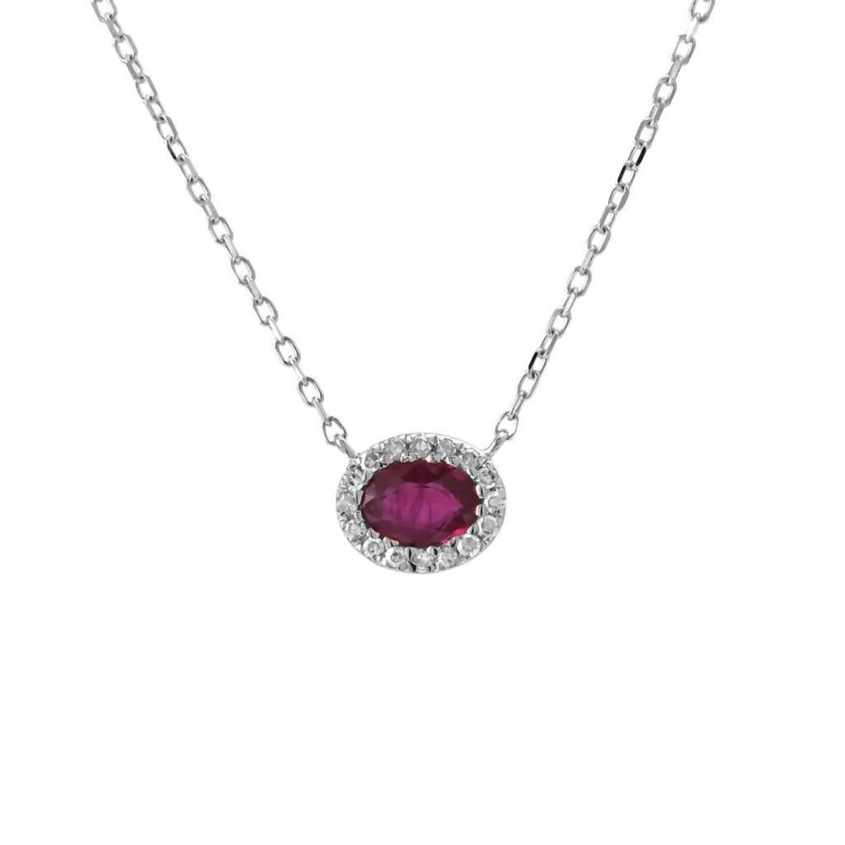14K White Gold Ruby & Diamond Oval Halo Pendant