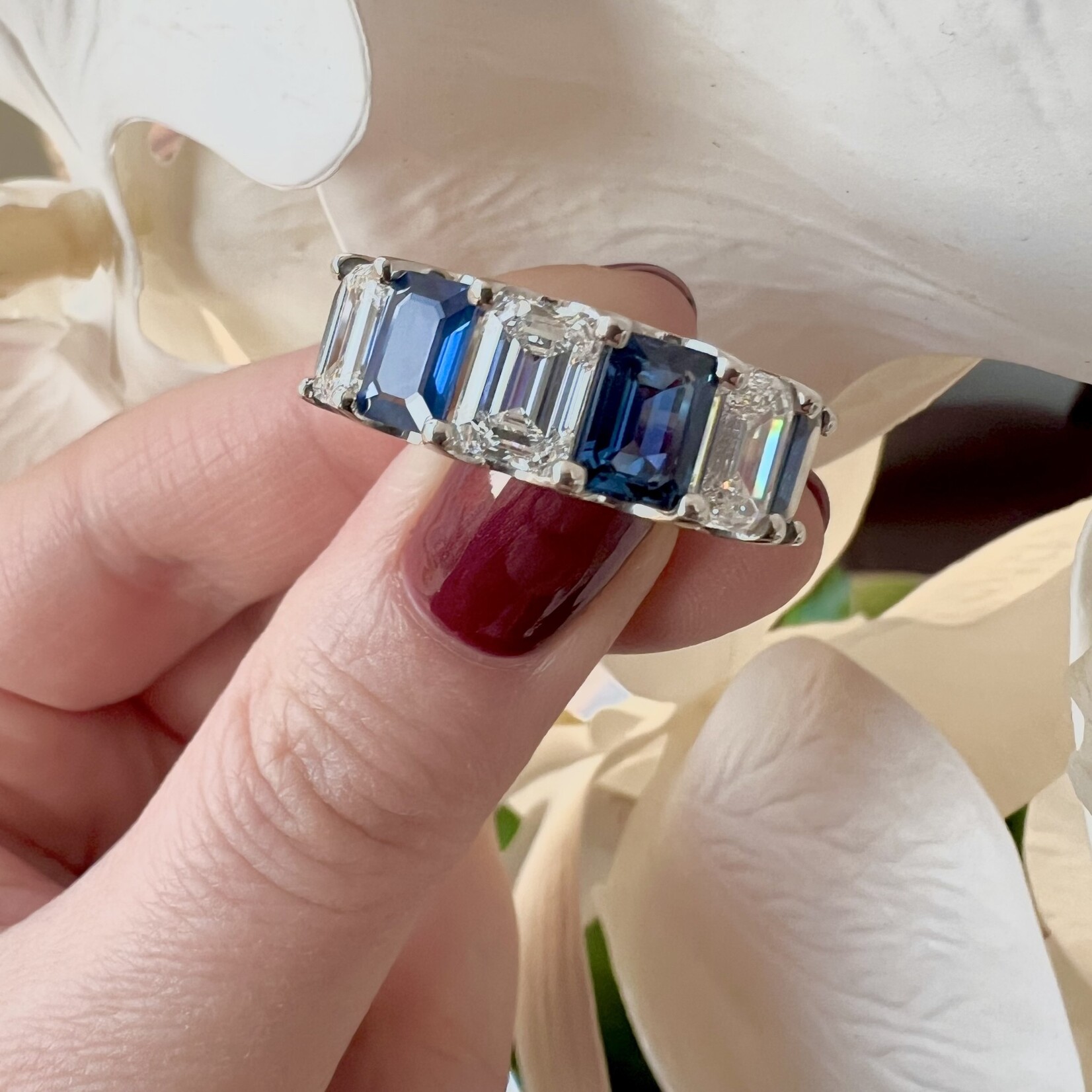 Platinum Sapphire & Diamond Emerald Cut Band