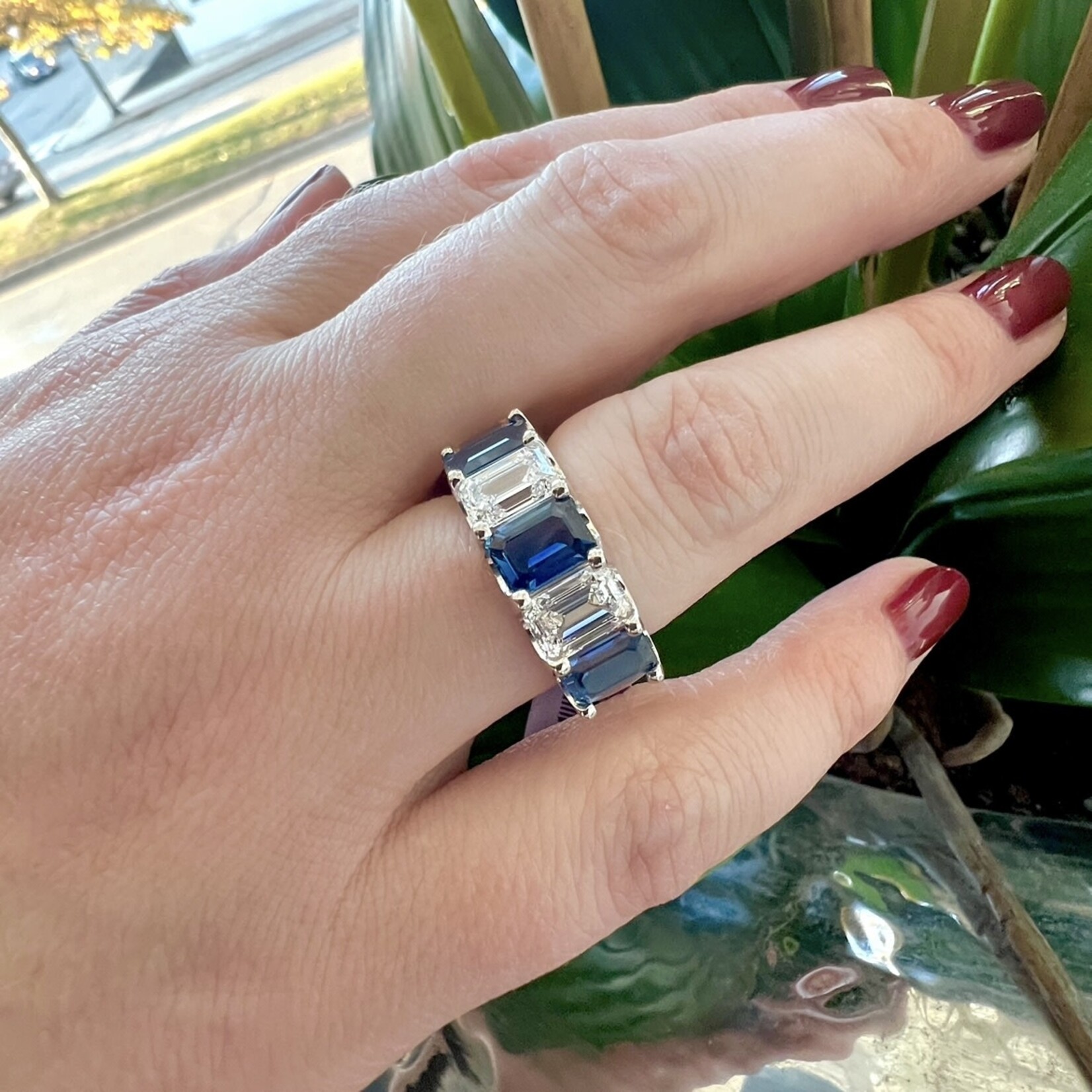 Platinum Sapphire & Diamond Emerald Cut Band