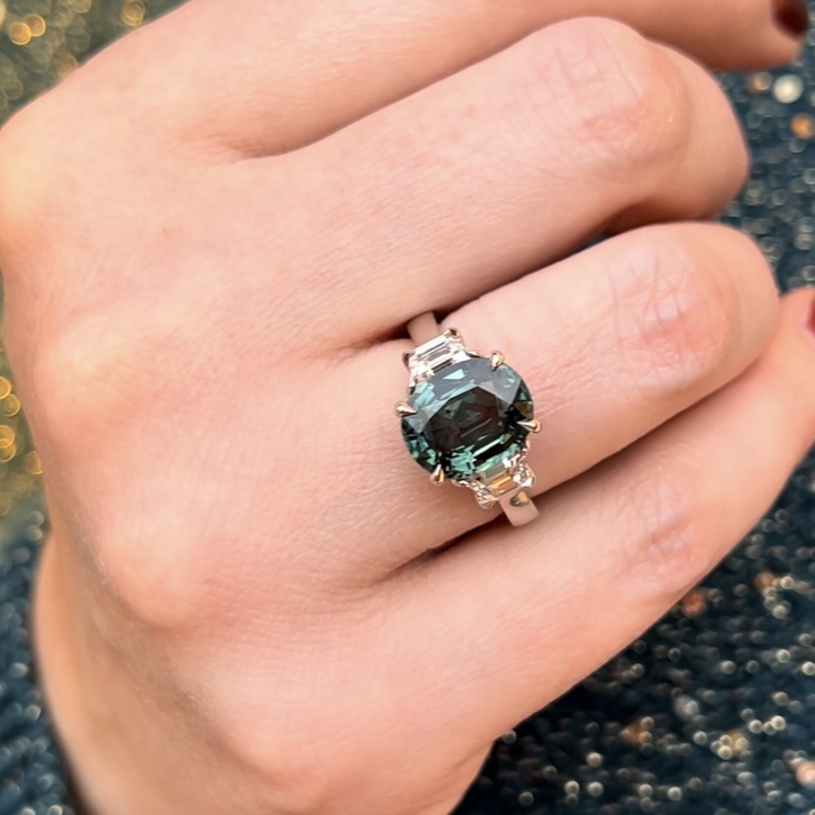 Platinum Oval Blue-Green Sapphire & Diamond Ring