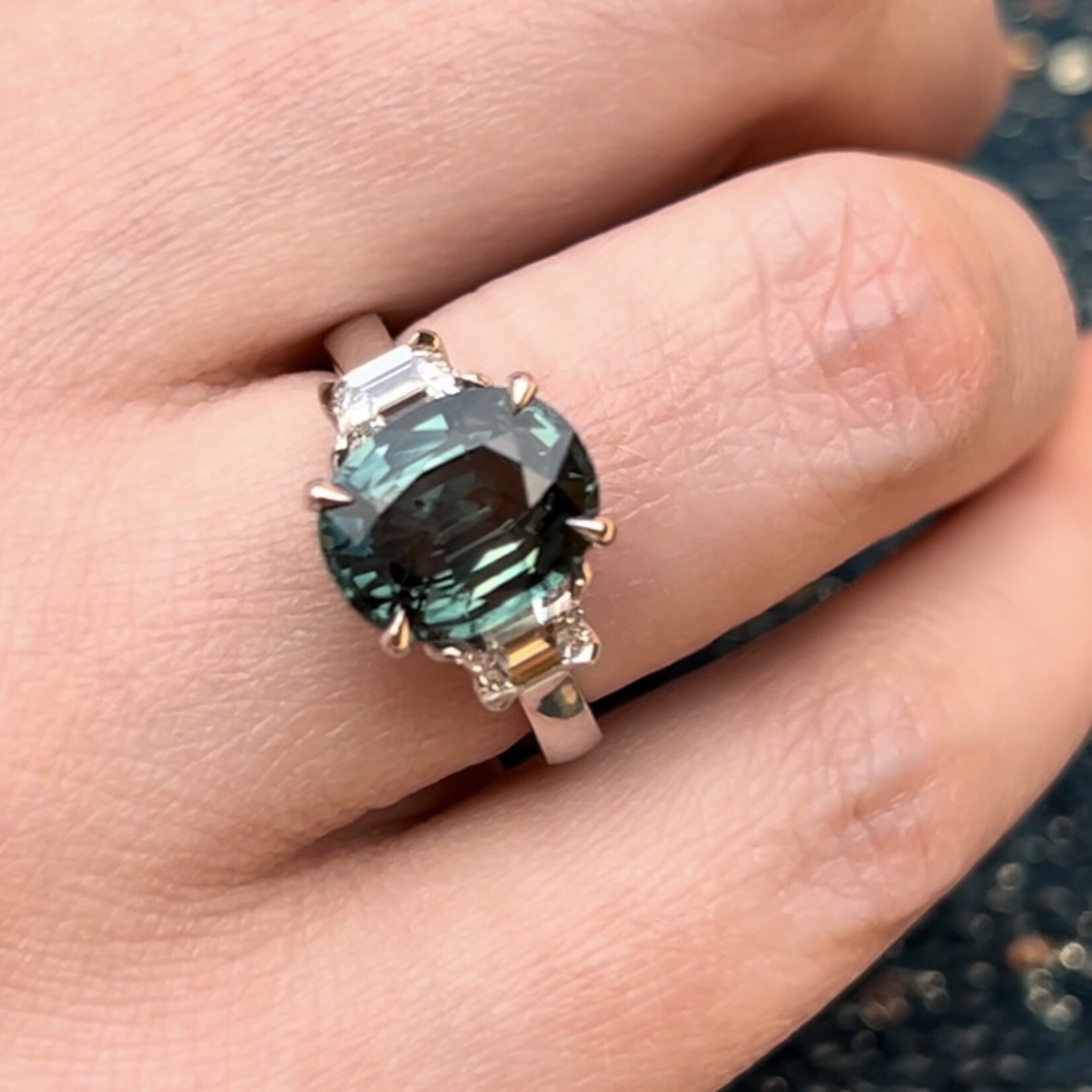 Platinum Oval Blue-Green Sapphire & Diamond Ring