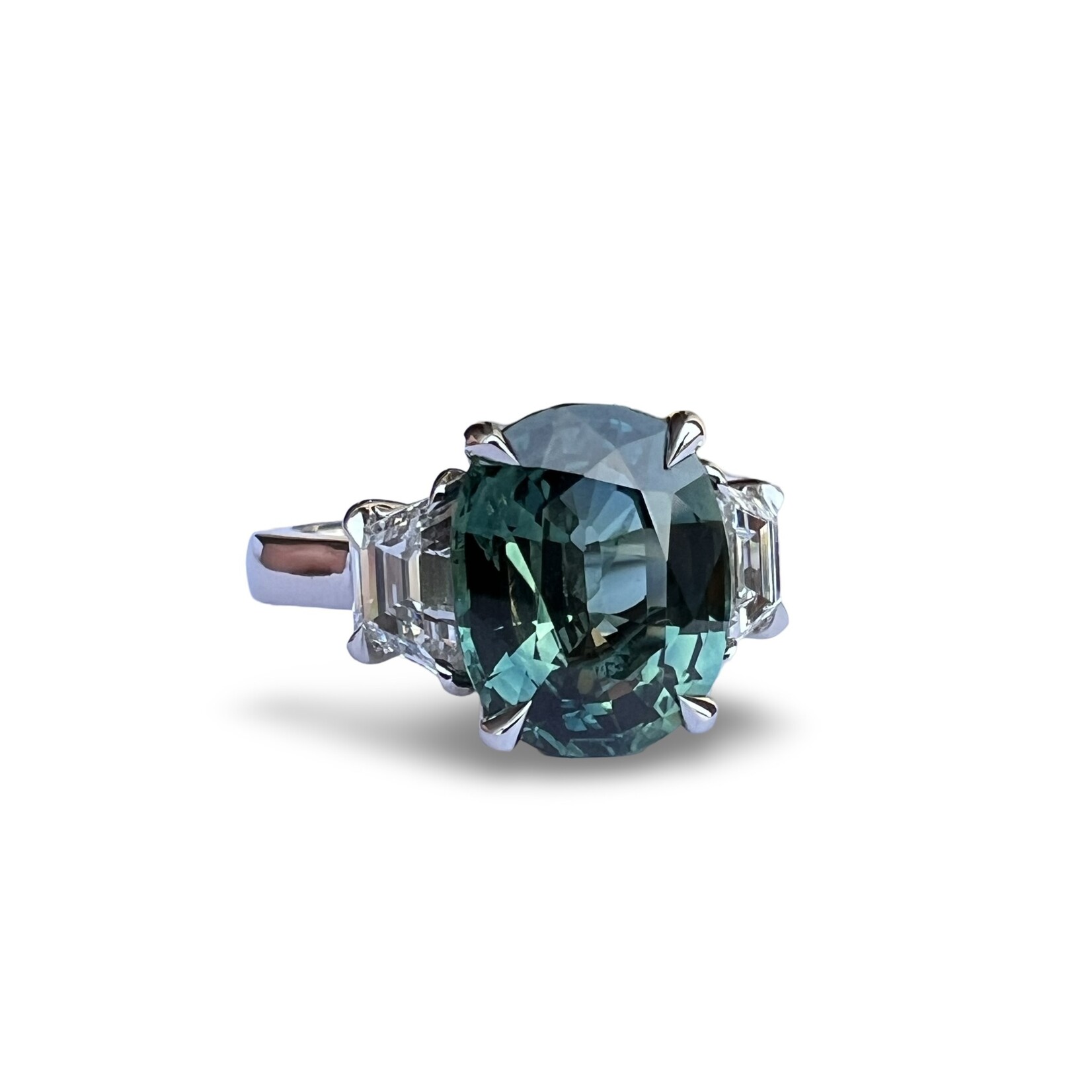 Platinum Oval Blue-Green Sapphire & Diamond Ring