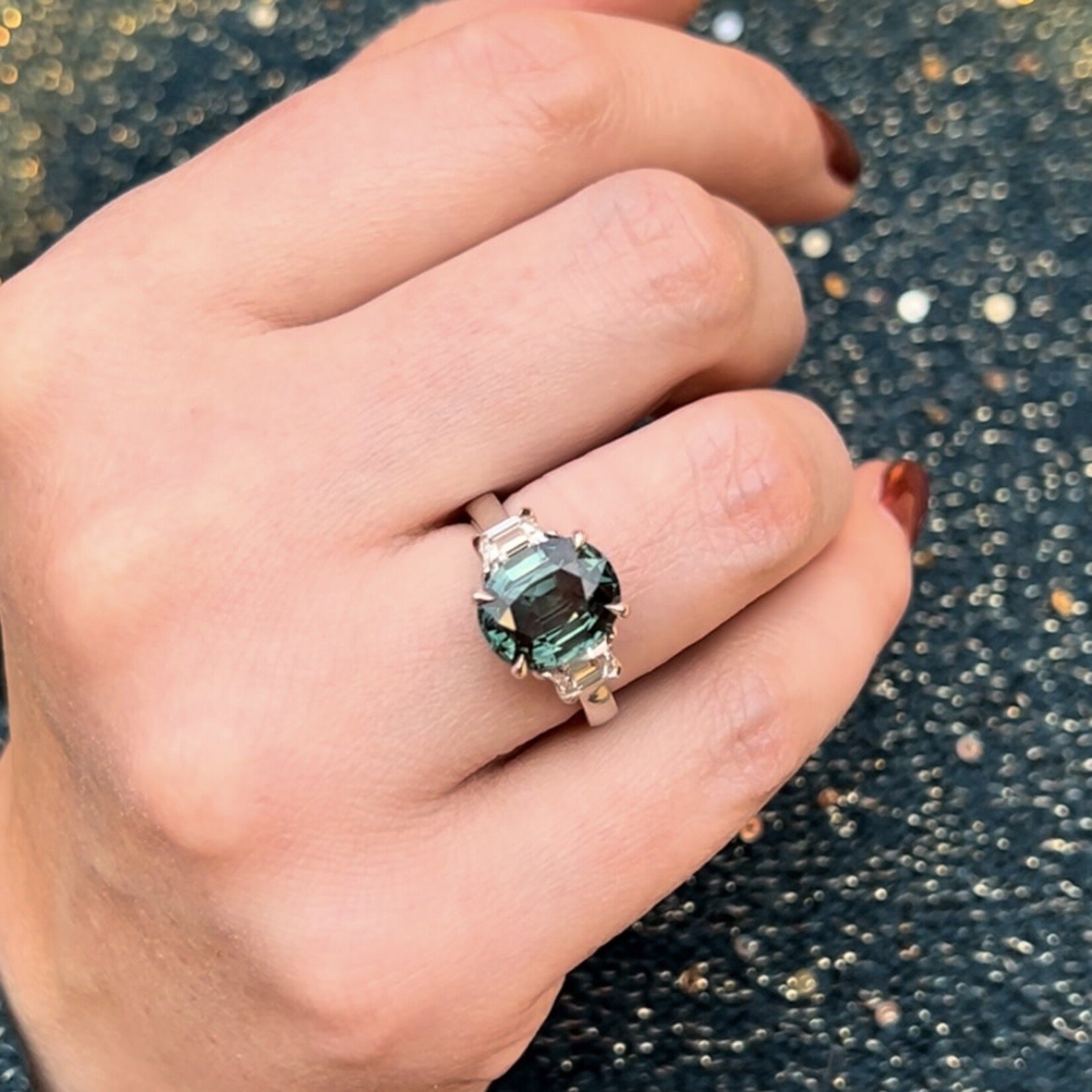 Platinum Oval Blue-Green Sapphire & Diamond Ring