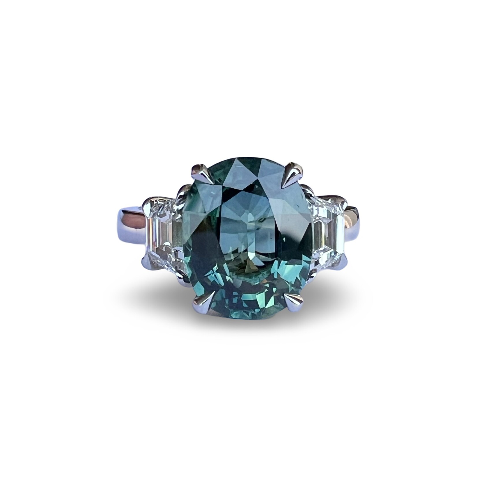 Platinum Oval Blue-Green Sapphire & Diamond Ring