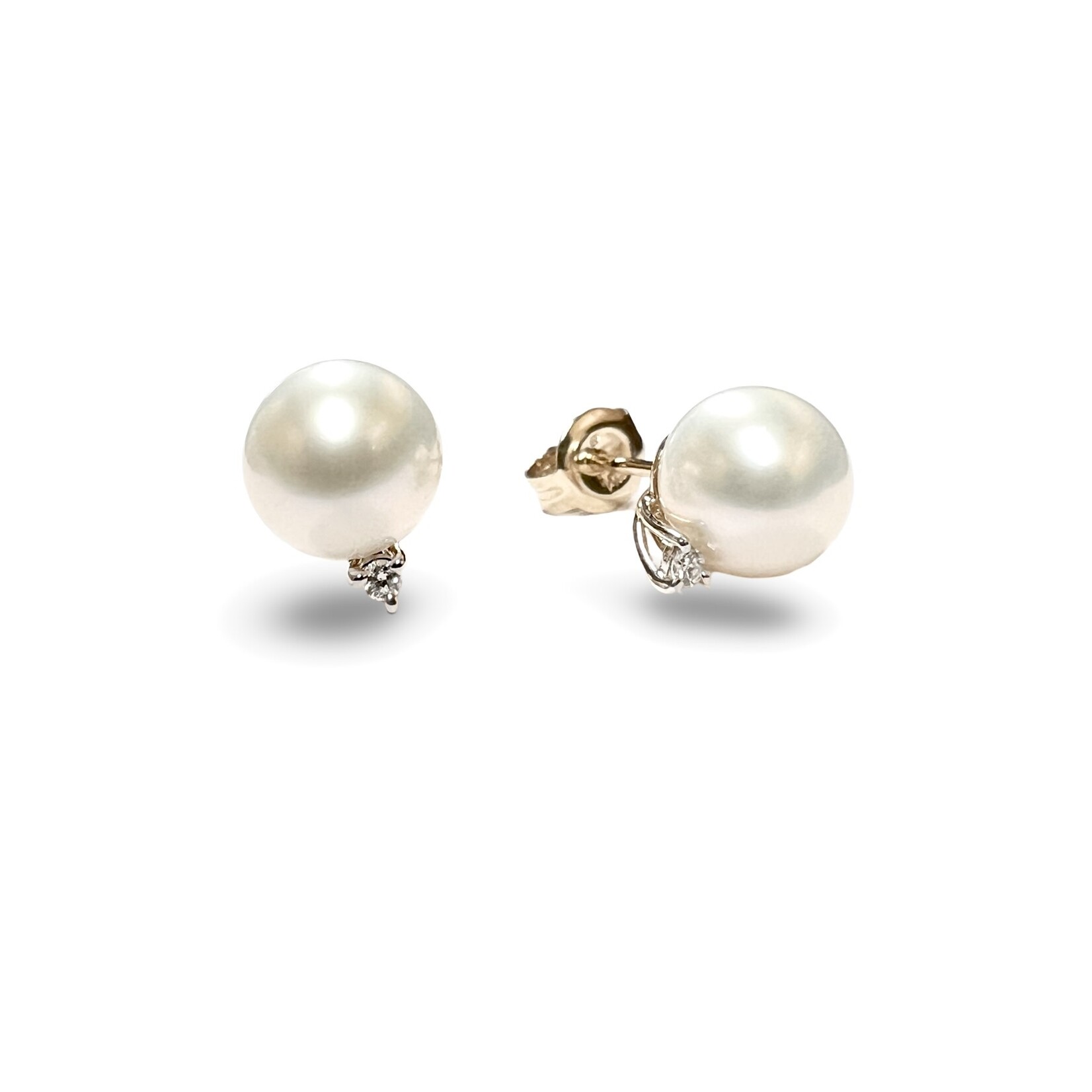 14K Yellow Gold Cultured 7.5mm Pearl & Diamond Stud Earrings