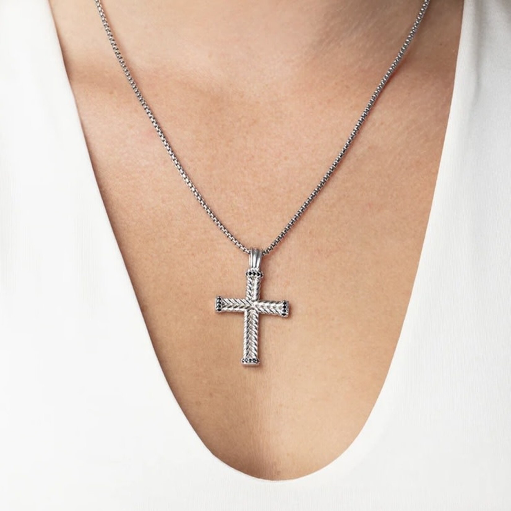 Sterling Silver Cable Black Spinel Cross 20"