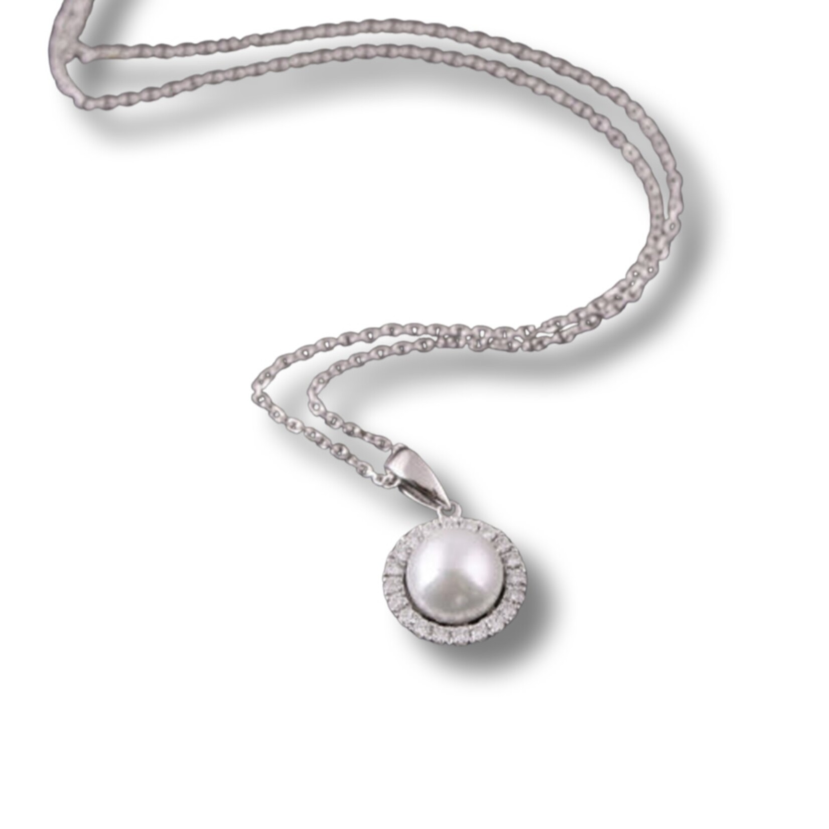 14K White Gold Akoya Pearl & Diamond Halo Pendant