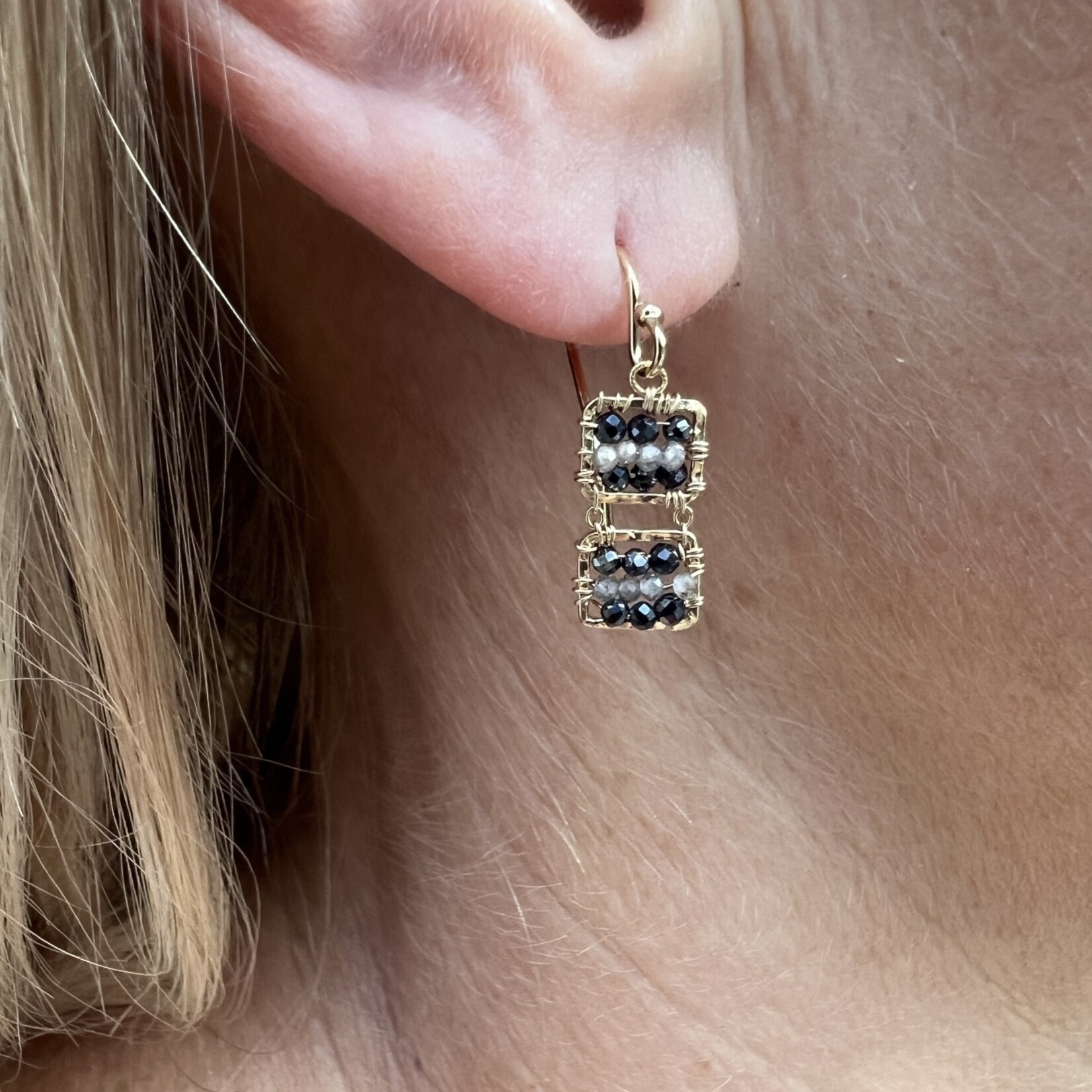 Michelle Pressler 14K Yellow Gold Overlay Double Square Zebra/White Topaz (Black Spinel, Grey Zircon) Earrings