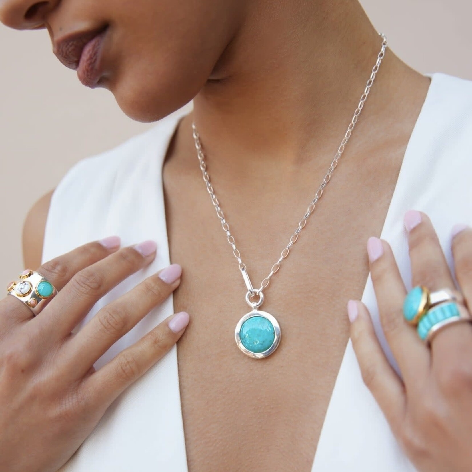 Sterling Silver Large Wavy Turquoise Medallion Necklace