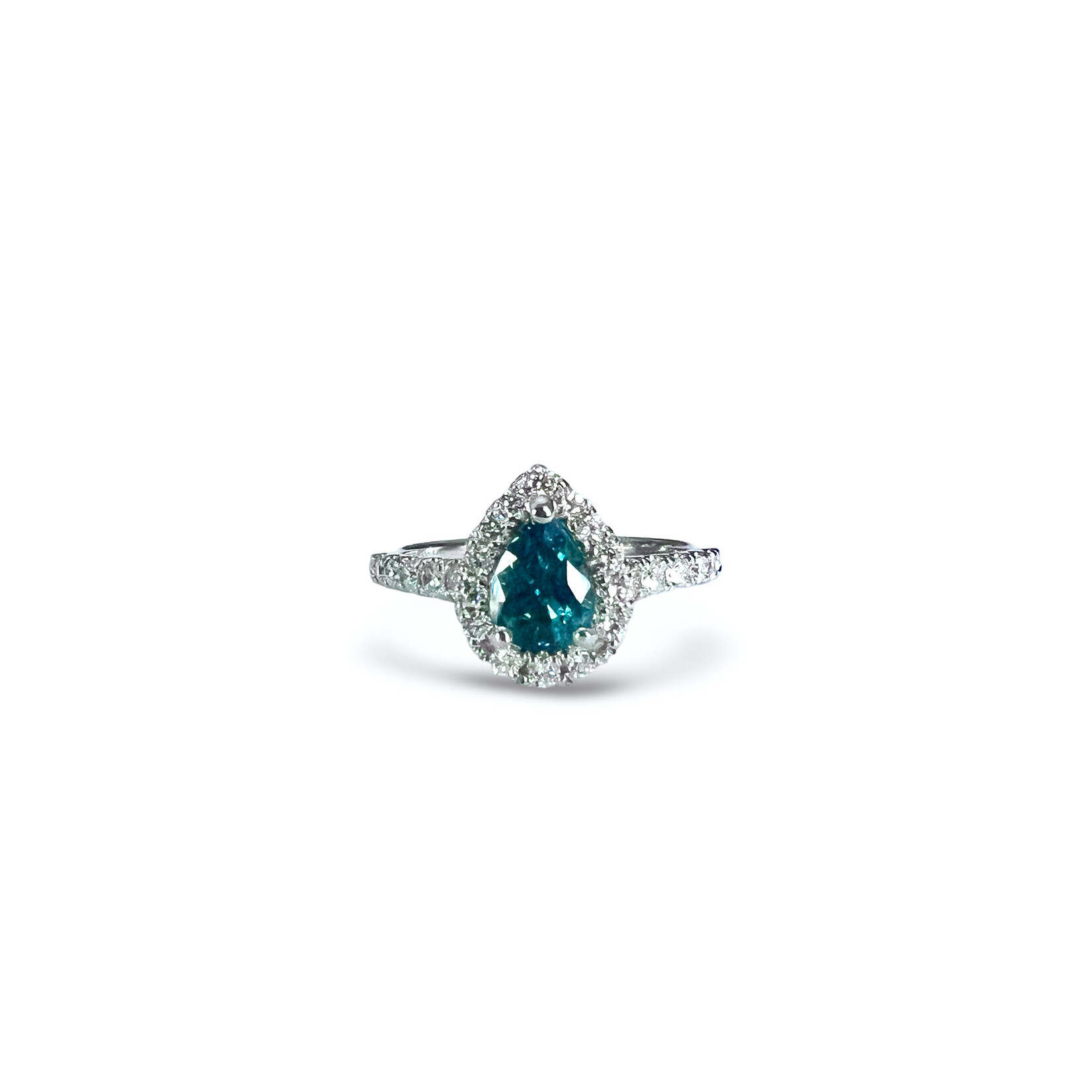 14K White Gold Teal Sapphire & Diamond Halo Ring
