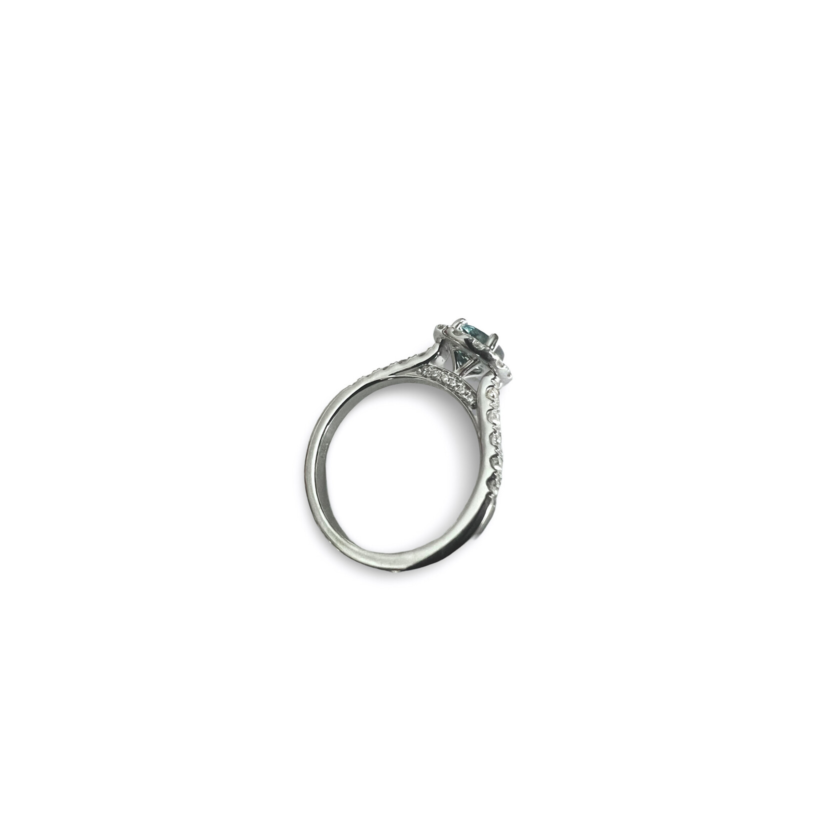 14K White Gold Teal Sapphire & Diamond Halo Ring