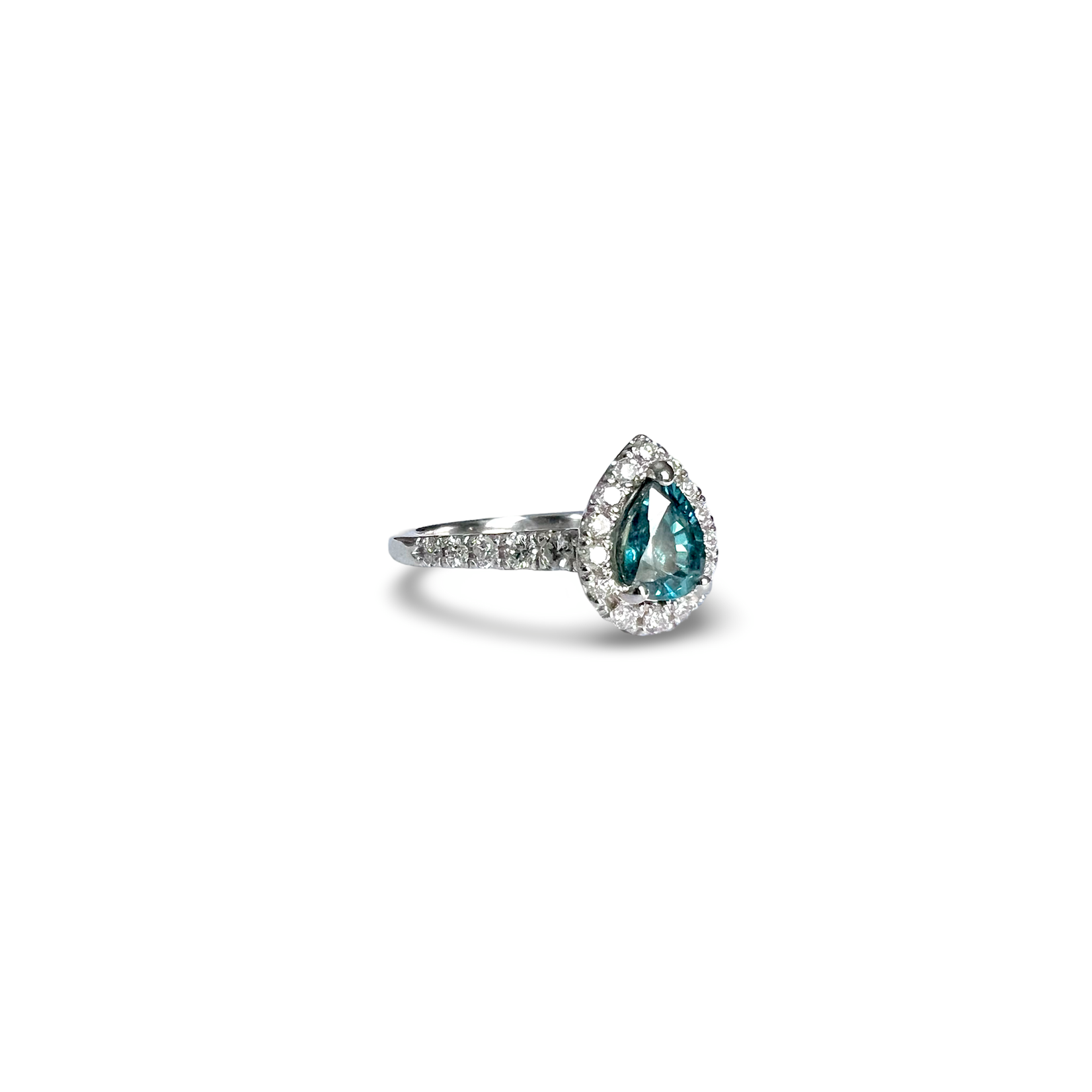 14K White Gold Teal Sapphire & Diamond Halo Ring