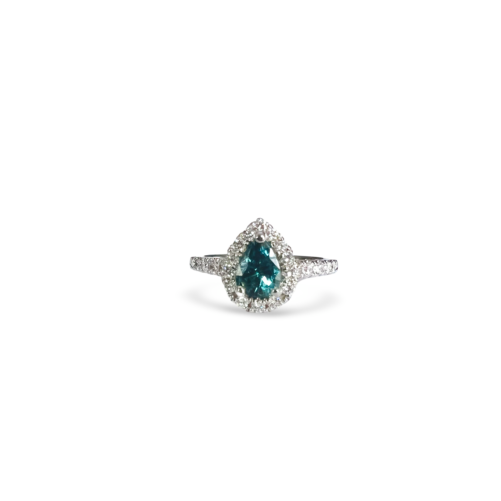 14K White Gold Teal Sapphire & Diamond Halo Ring