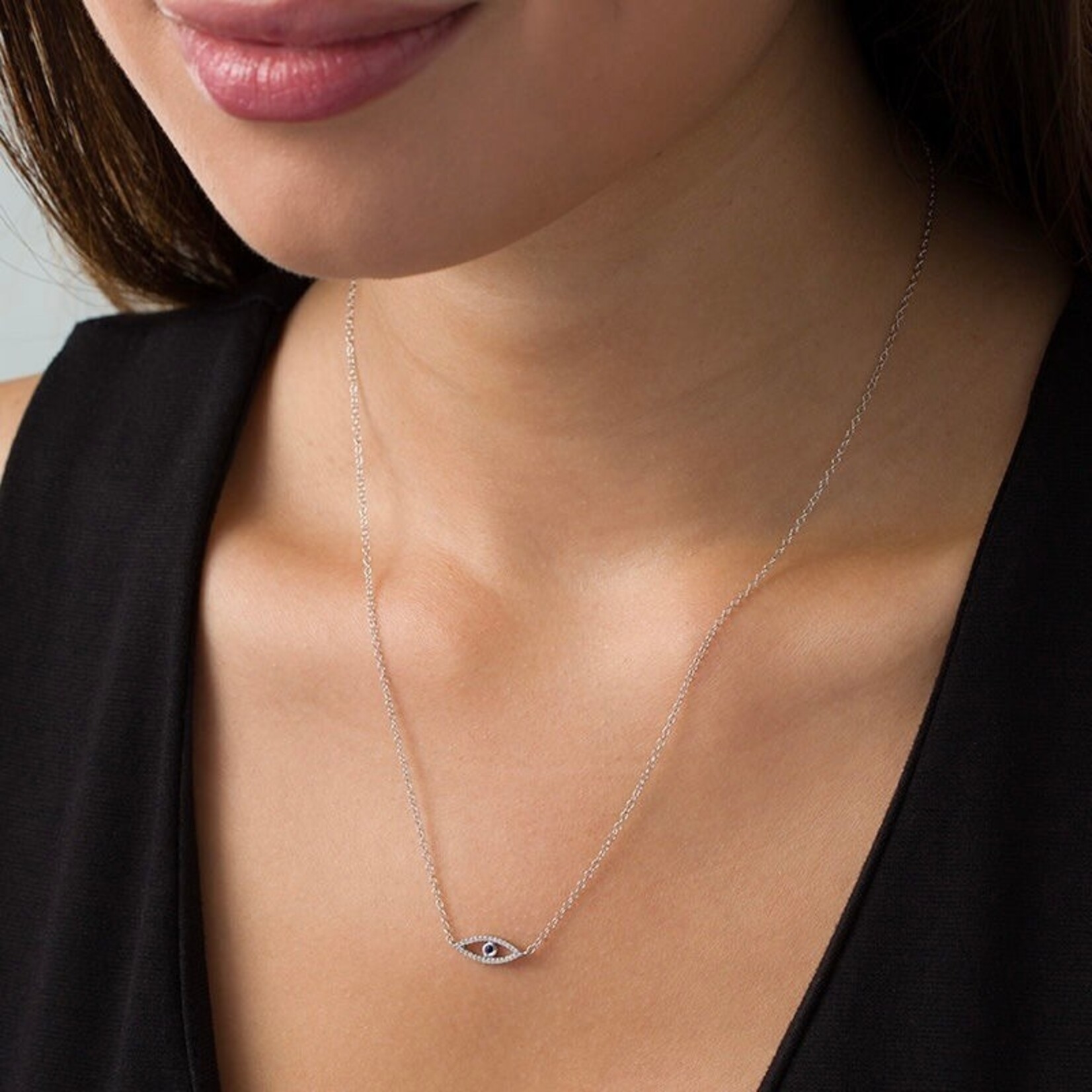 Sterling Silver Diamond and Sapphire Evil Eye Necklace