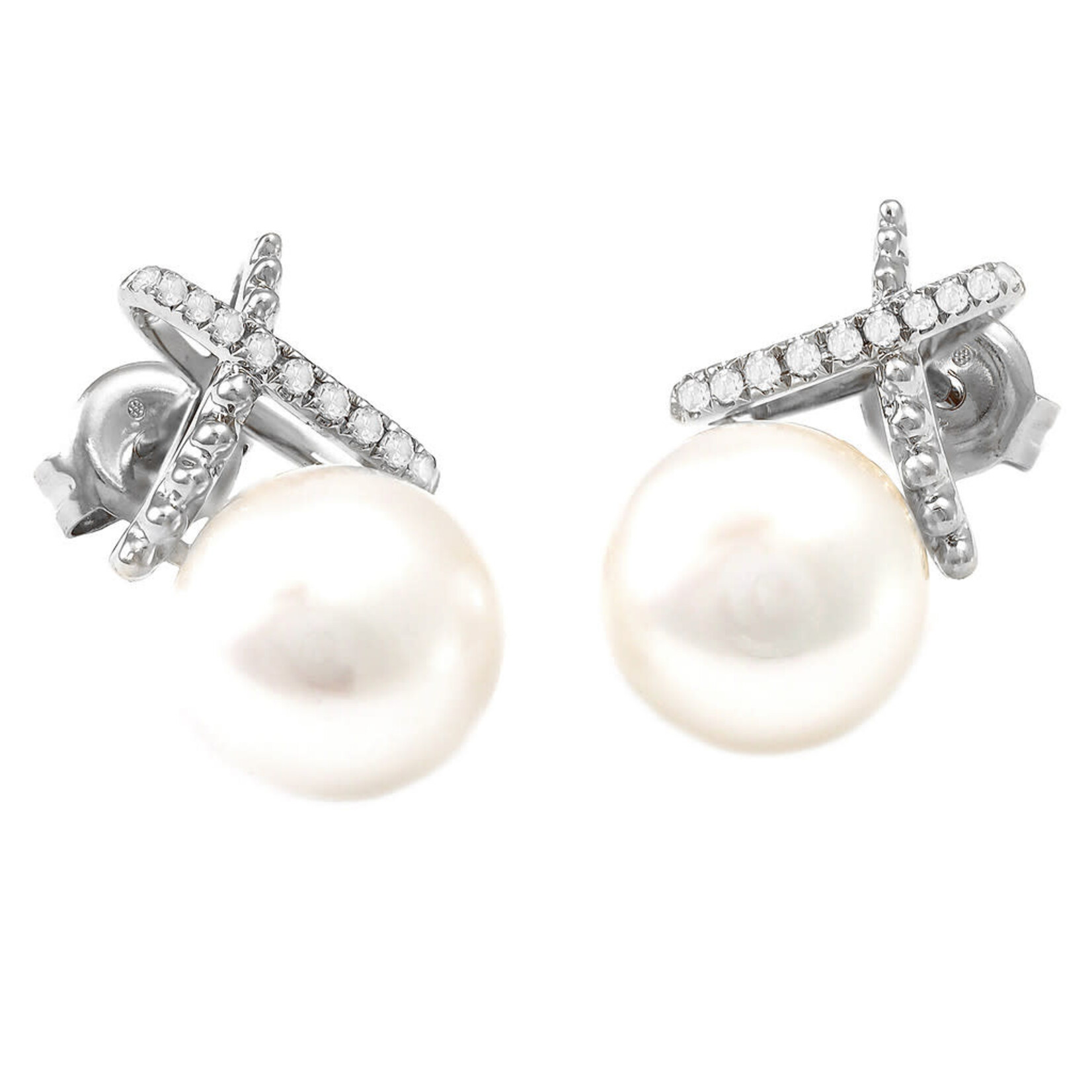 14K White Gold Cultured Pearl and Diamond Cable Stud Earrings