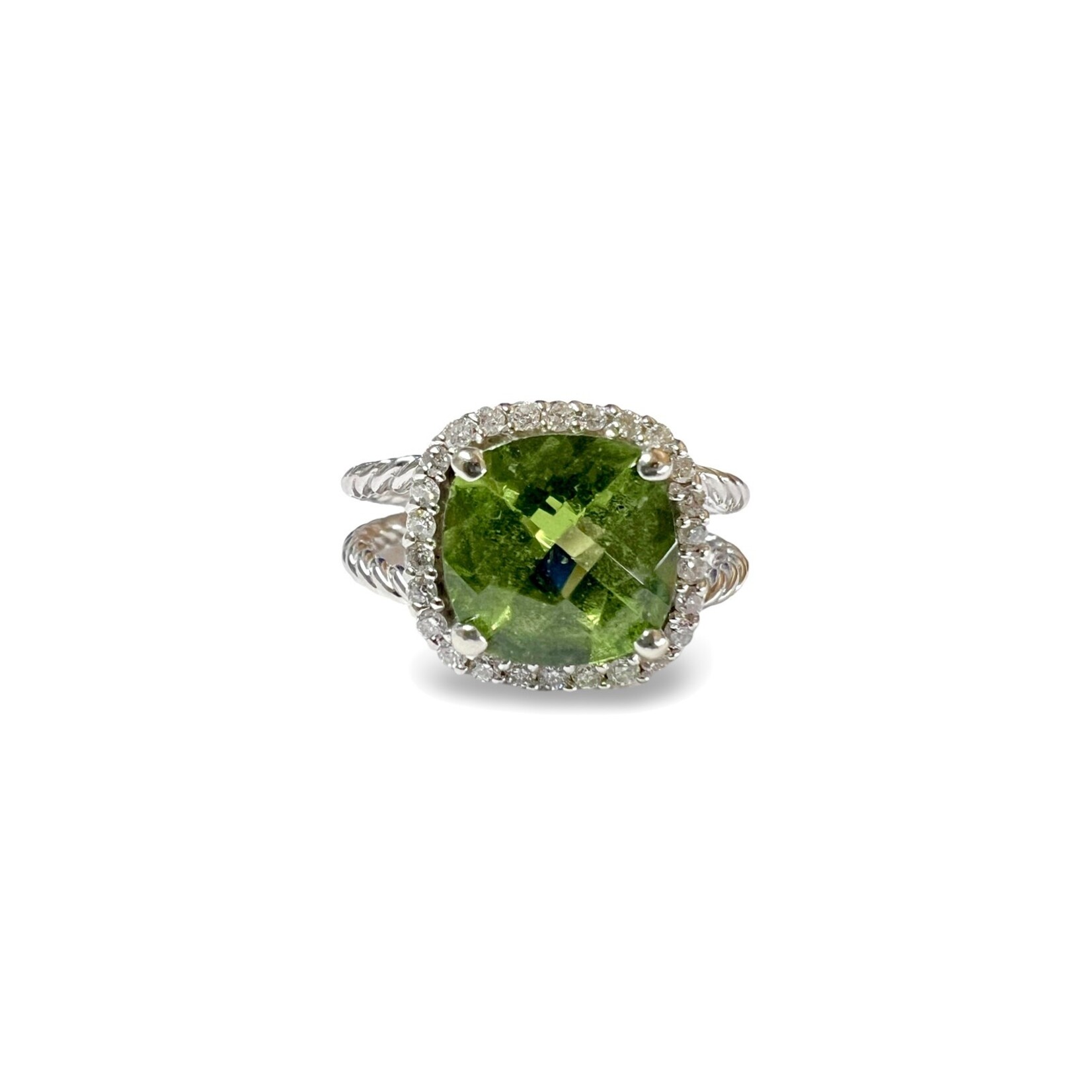 14K White Gold Peridot & Diamond Halo Ring