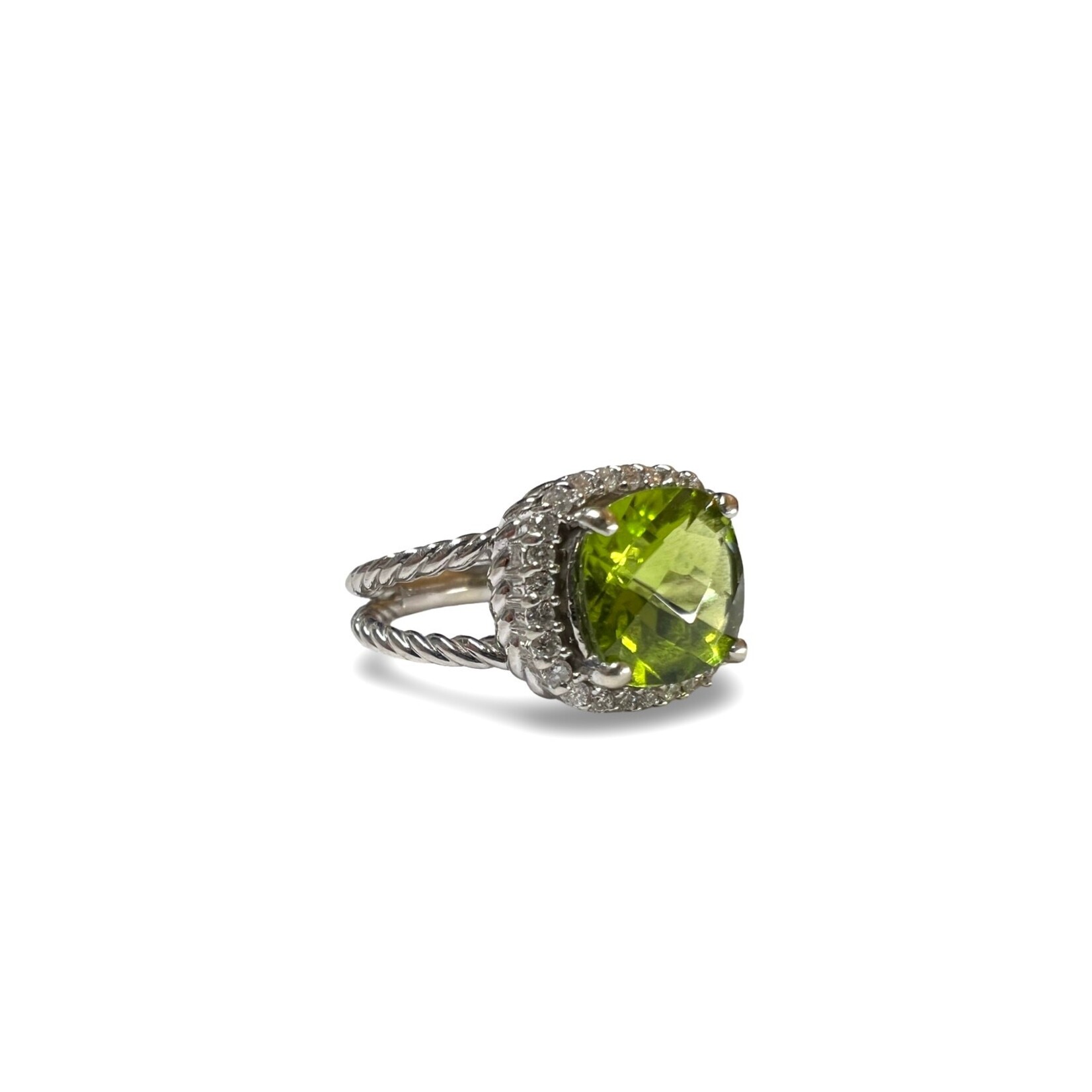 14K White Gold Peridot & Diamond Halo Ring