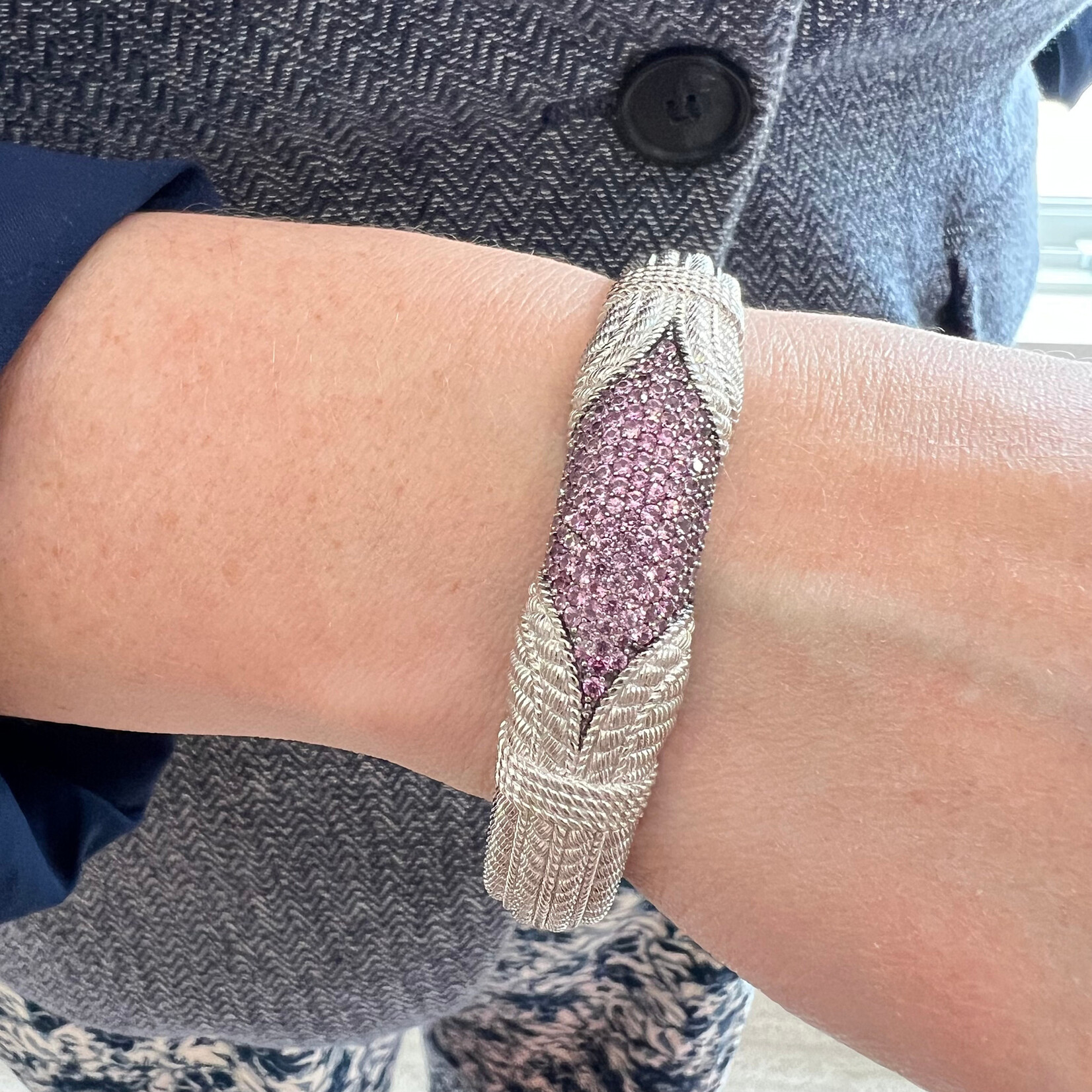 Sterling Silver Pink Sapphire Cable Cuff Bracelet