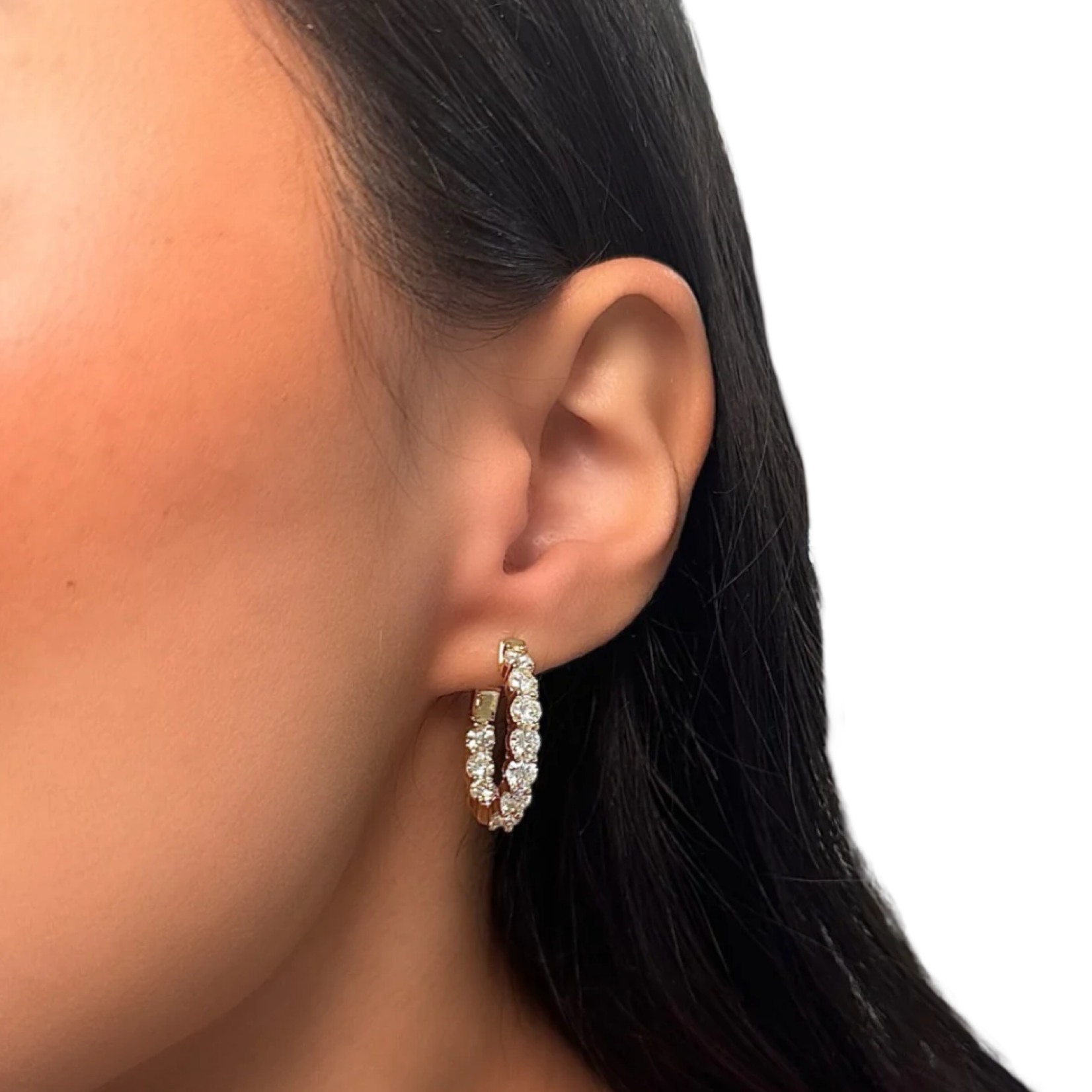 14K Yellow Gold 2 1/2 Carat Lab Diamond Round Medium Hoop Earrings