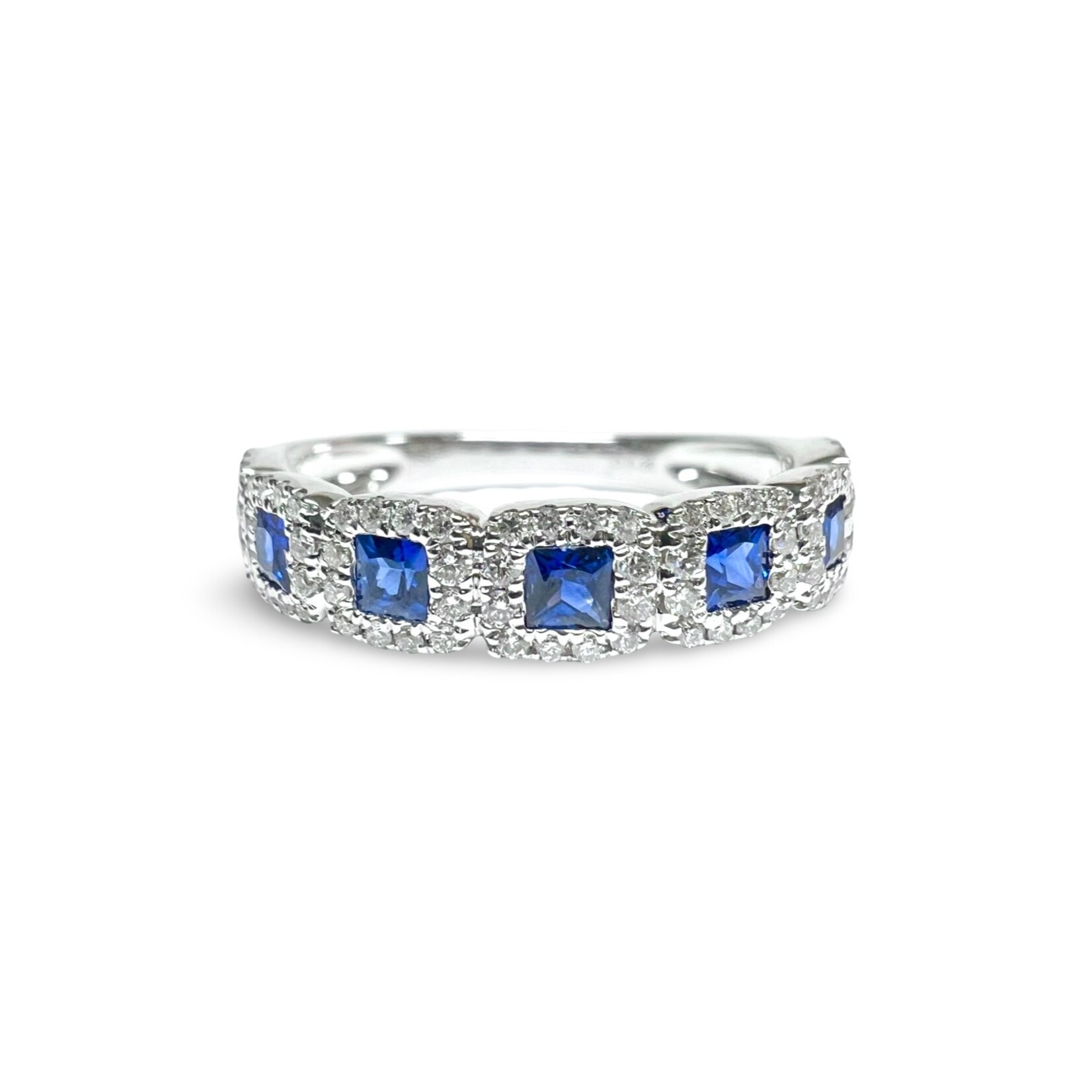 18K White Gold Square Sapphire & Diamond Halo Band