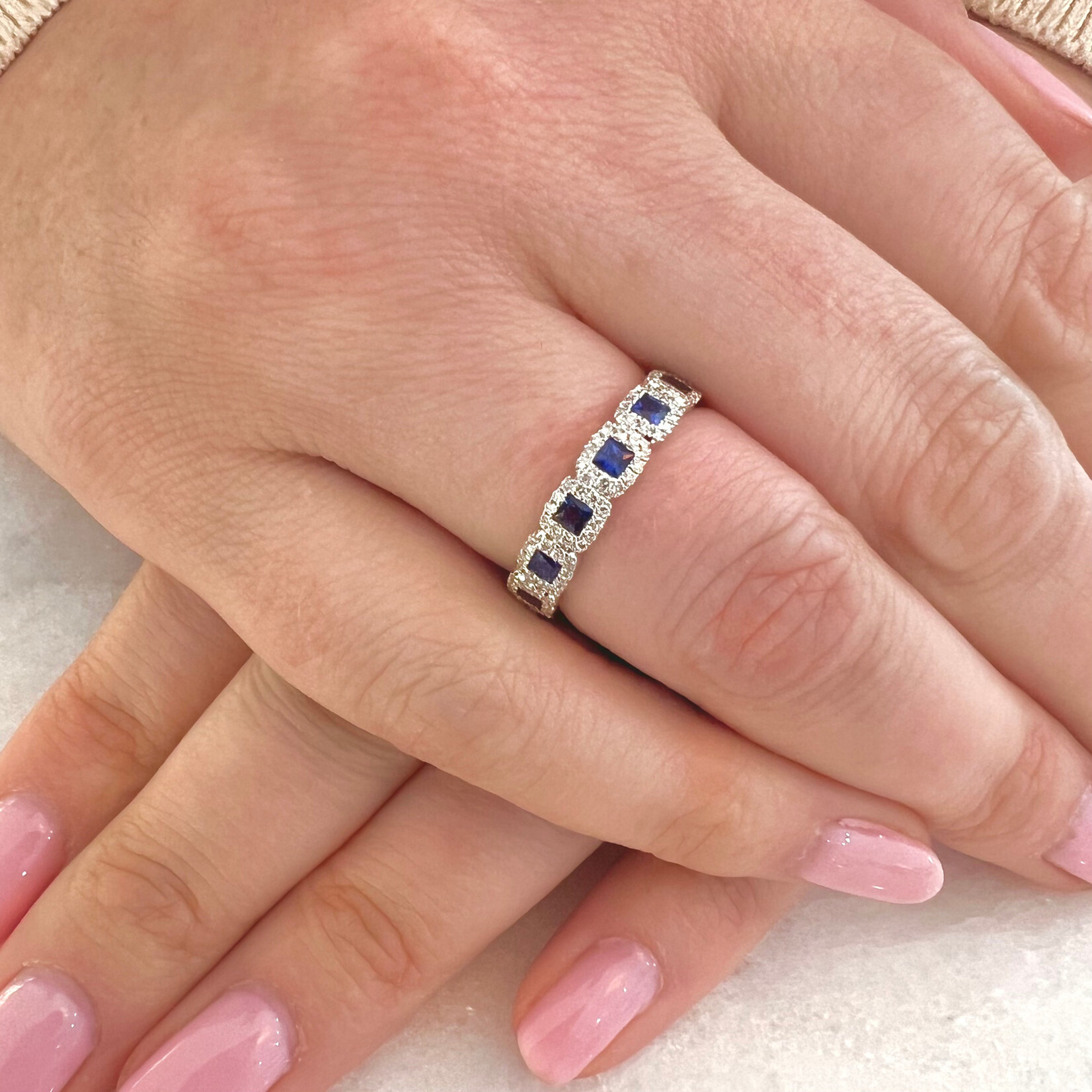18K White Gold Square Sapphire & Diamond Halo Band