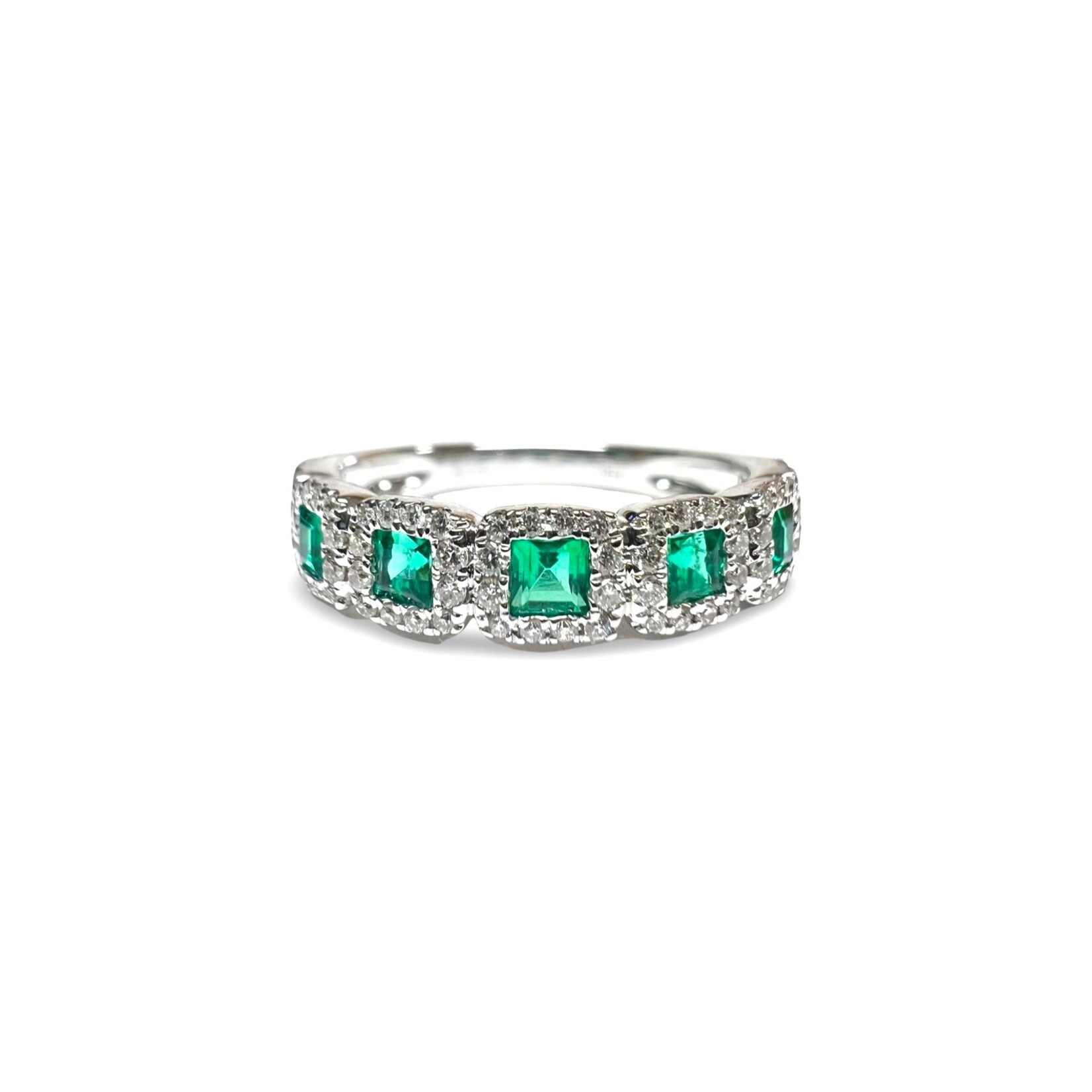 18K White Gold Square Emerald & Diamond Halo Band