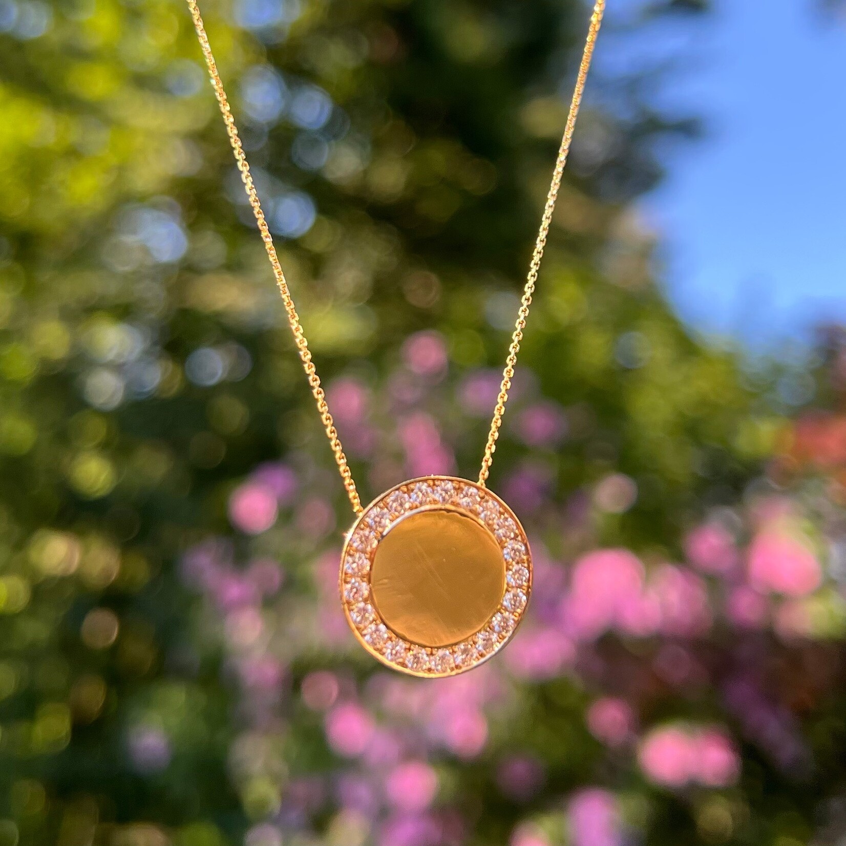 14K Yellow Gold Diamond Engravable Coin Disc Pendant