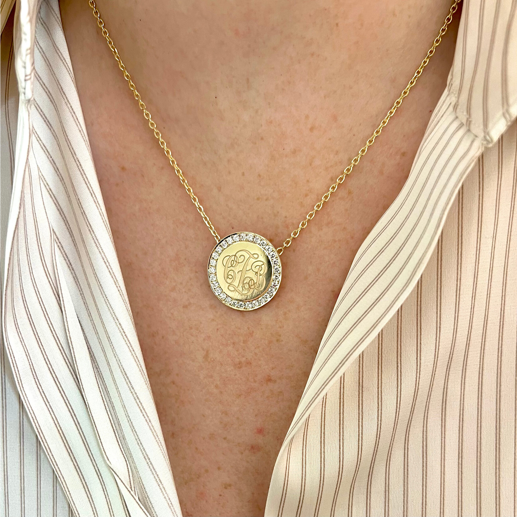 14K Yellow Gold Diamond Engravable Coin Disc Pendant