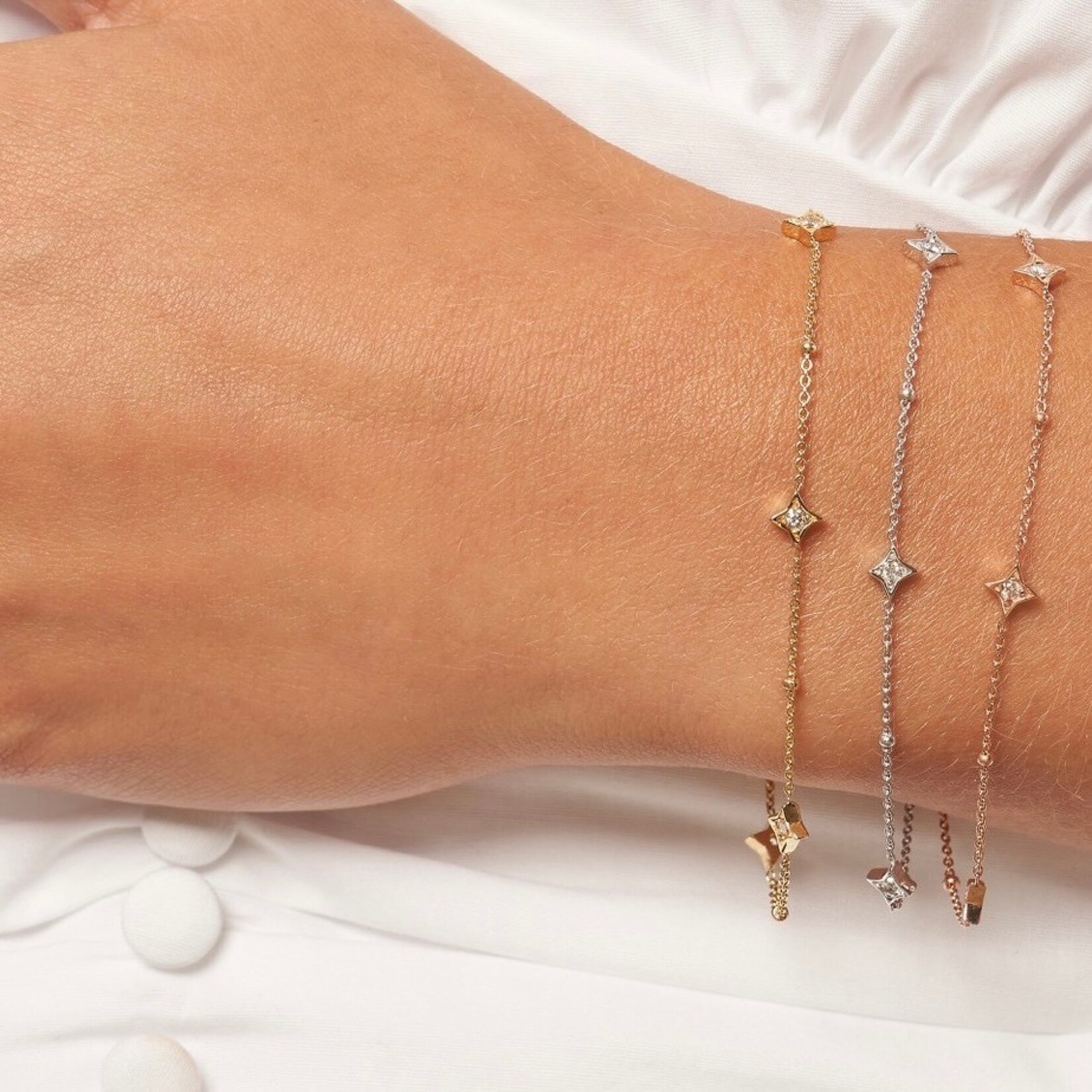 14K Yellow Gold Star Diamond Bezel and Beaded Bracelet