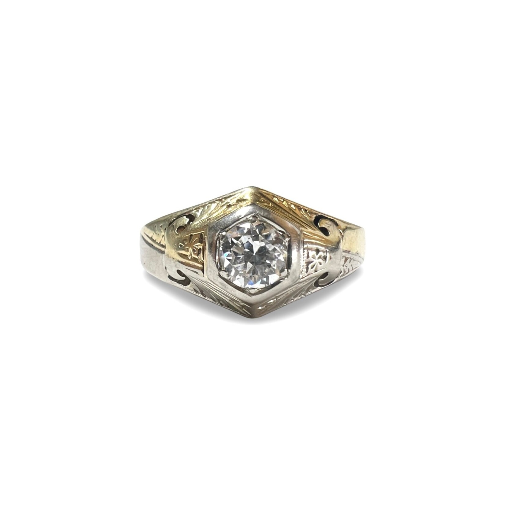 14K Gold Gents Vintage Hexagon Diamond Ring