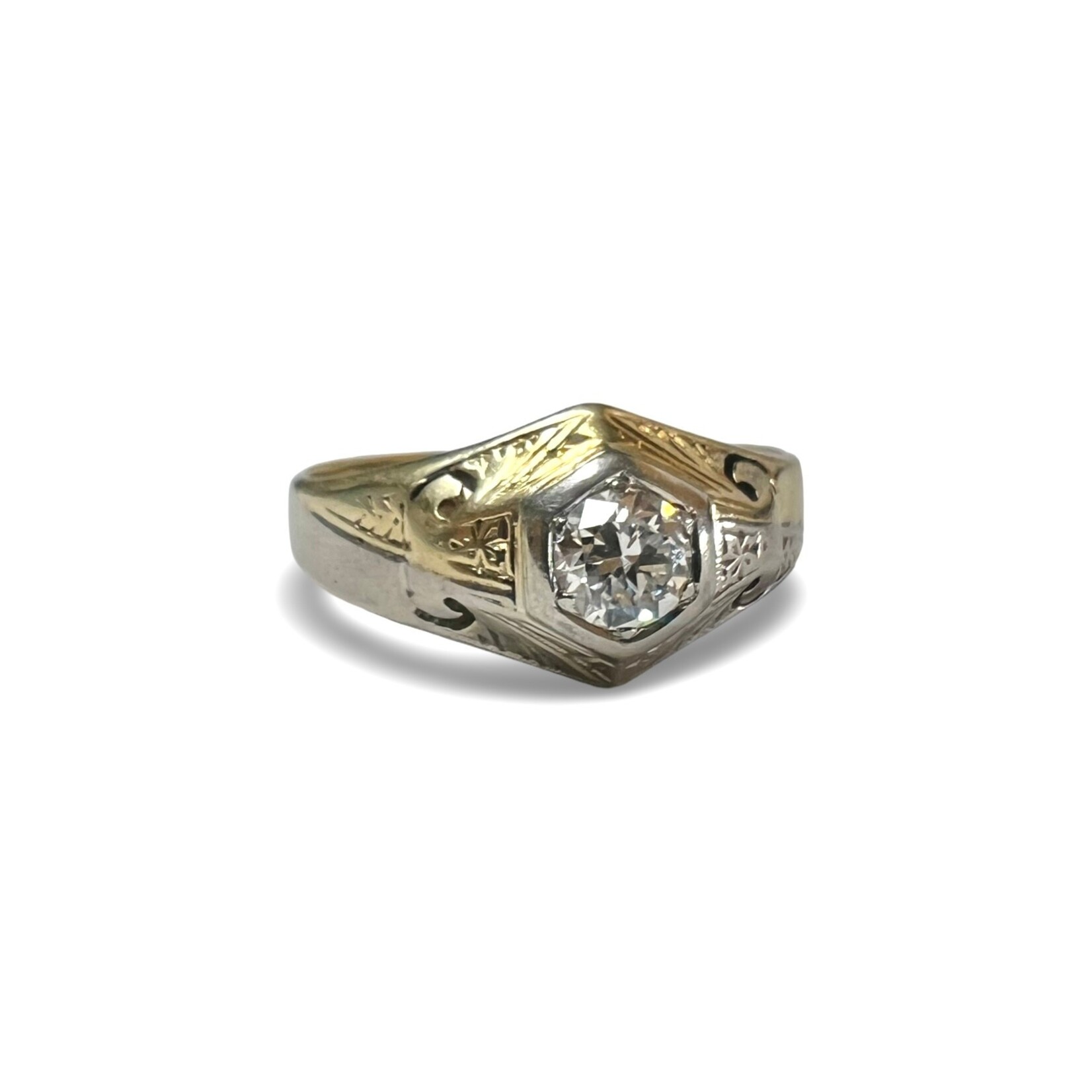 14K Gold Gents Vintage Hexagon Diamond Ring