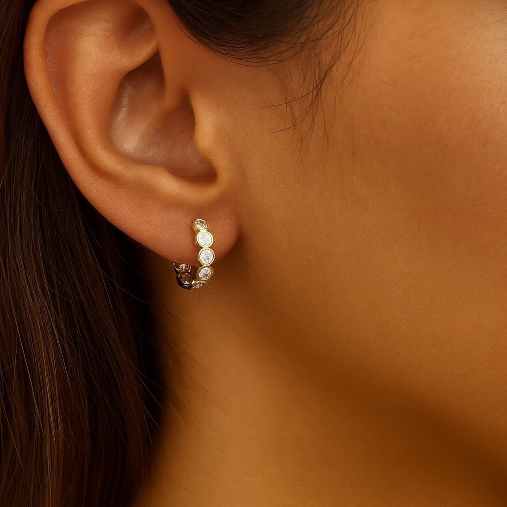 14K Yellow Gold Bezel Set Diamond Huggie Earrings