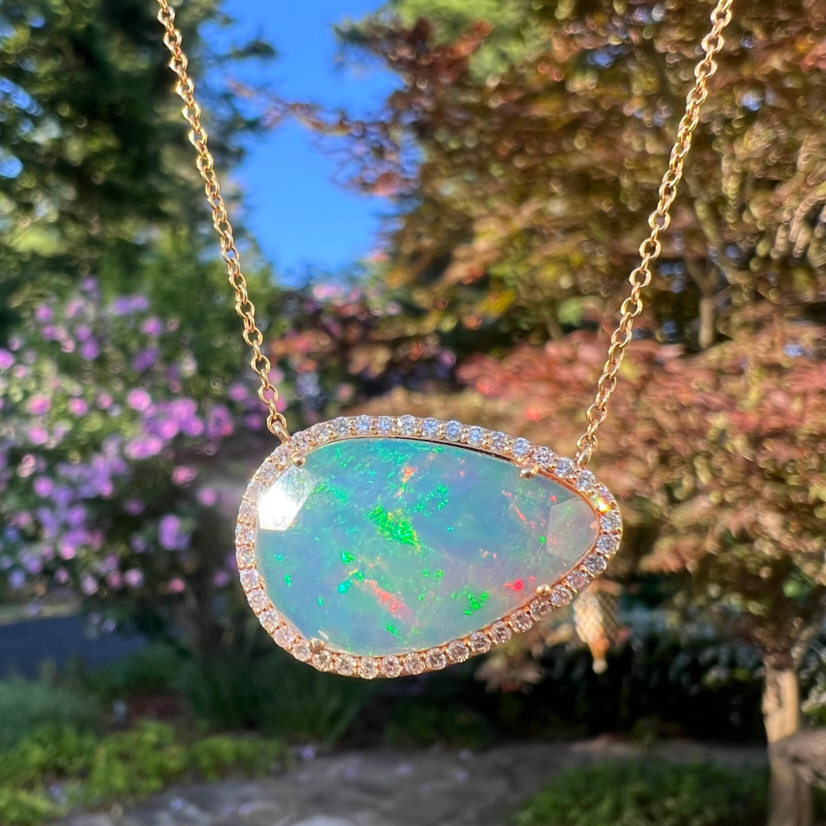 14K Yellow Gold Ethiopian Opal & Diamond Necklace