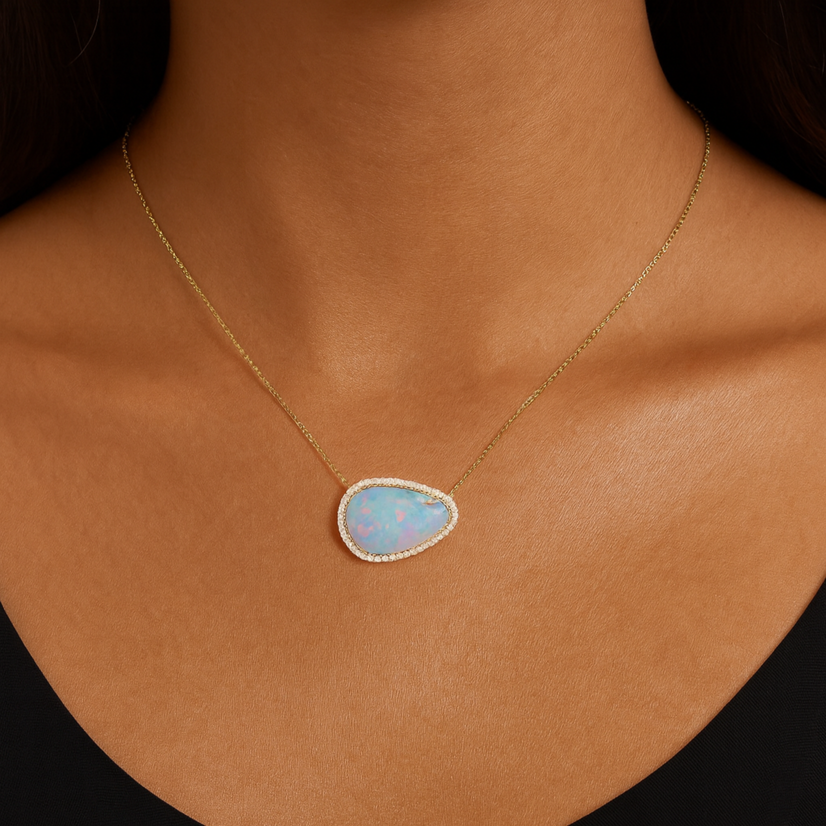 14K Yellow Gold Ethiopian Opal & Diamond Necklace