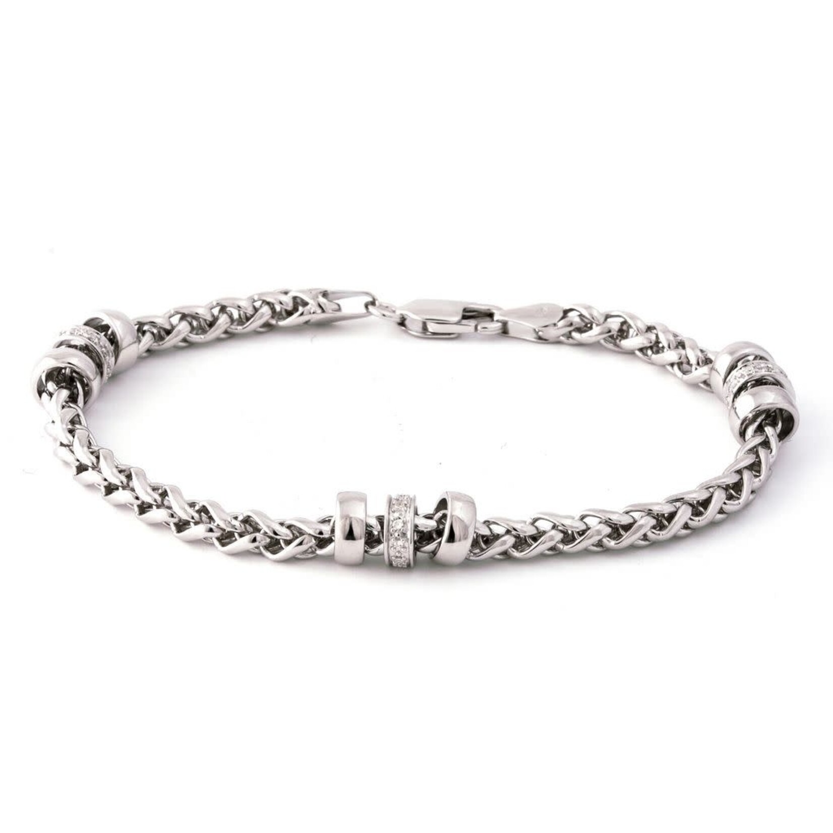 Sterling Silver Diamond Rondelle Wheat Chain Bracelet