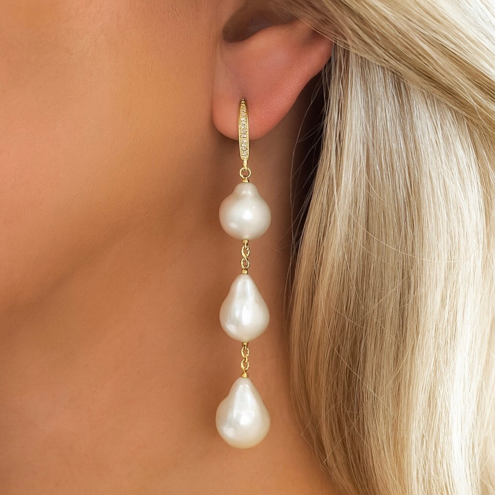 18K Yellow Gold South Sea & Diamond Drop Earrings