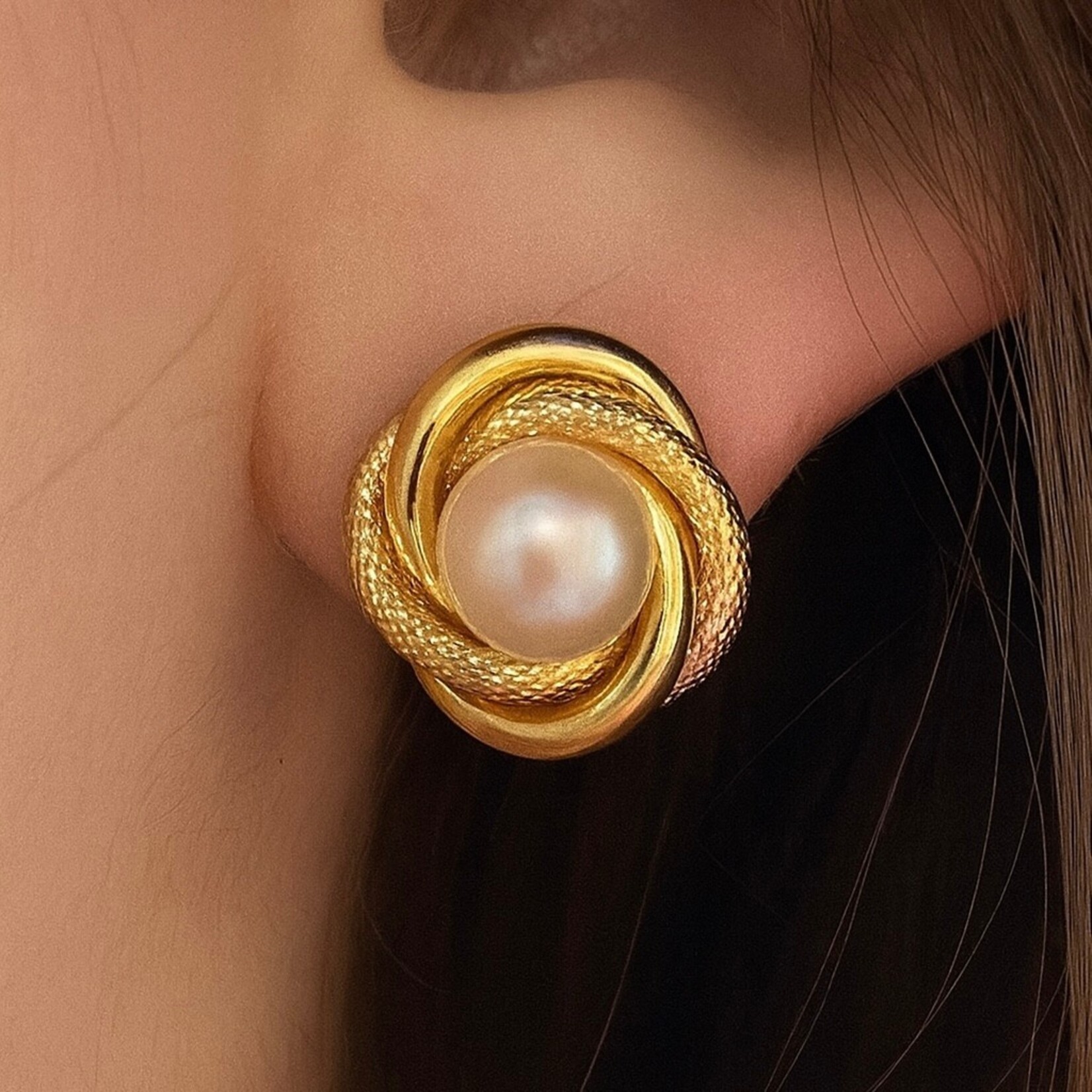 14K Yellow Gold Cultured Pearl Love Knot Stud Earrings