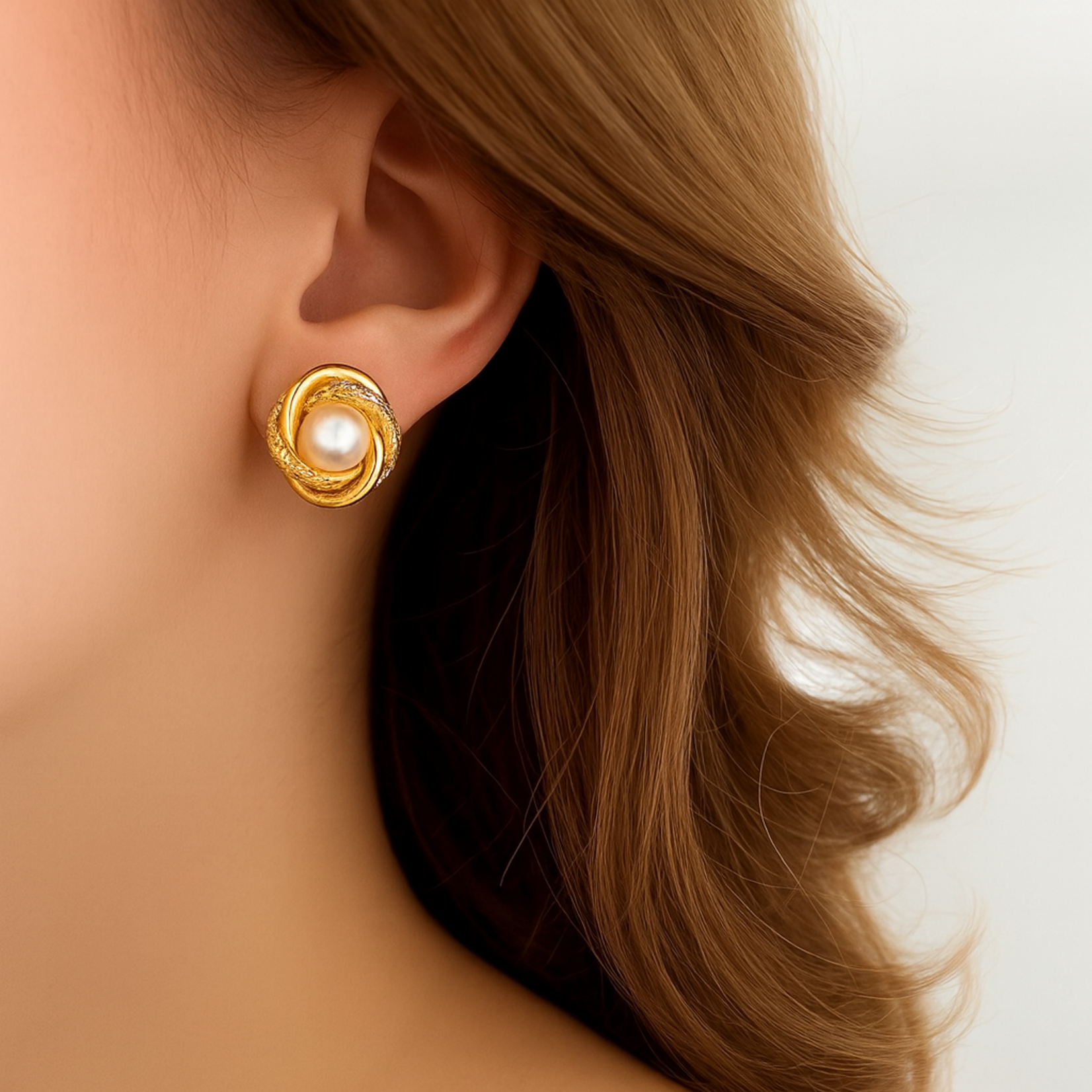 14K Yellow Gold Cultured Pearl Love Knot Stud Earrings